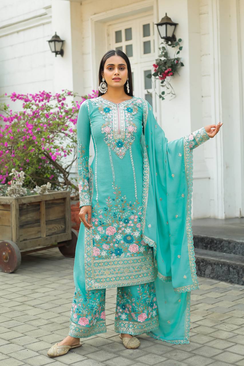 Heavy Chinon Silk Embroidered Suit With Palazzo, women's Wear