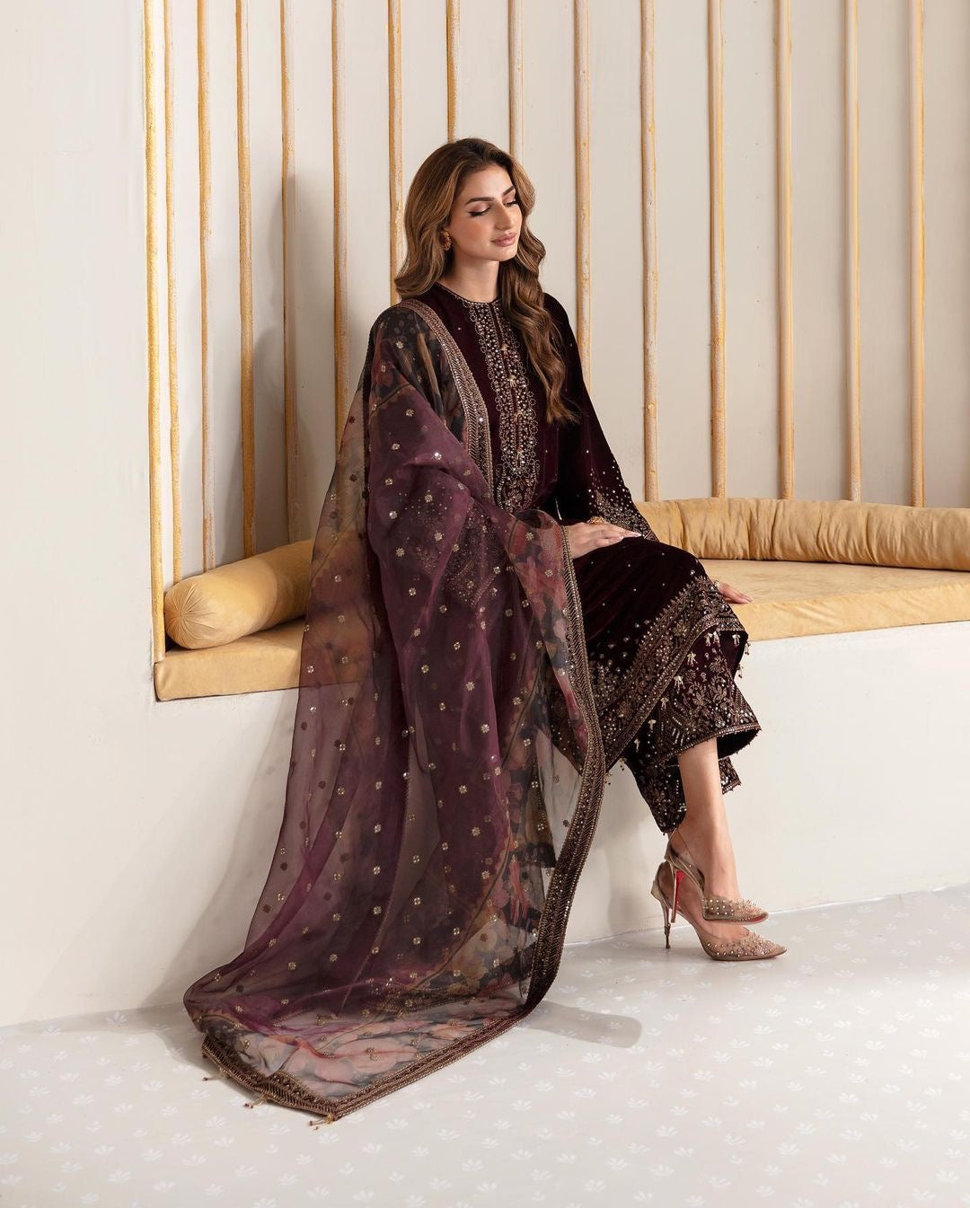 Luxurious Pure Viscose Velvet Palazzo Suit With Printed Dupatta