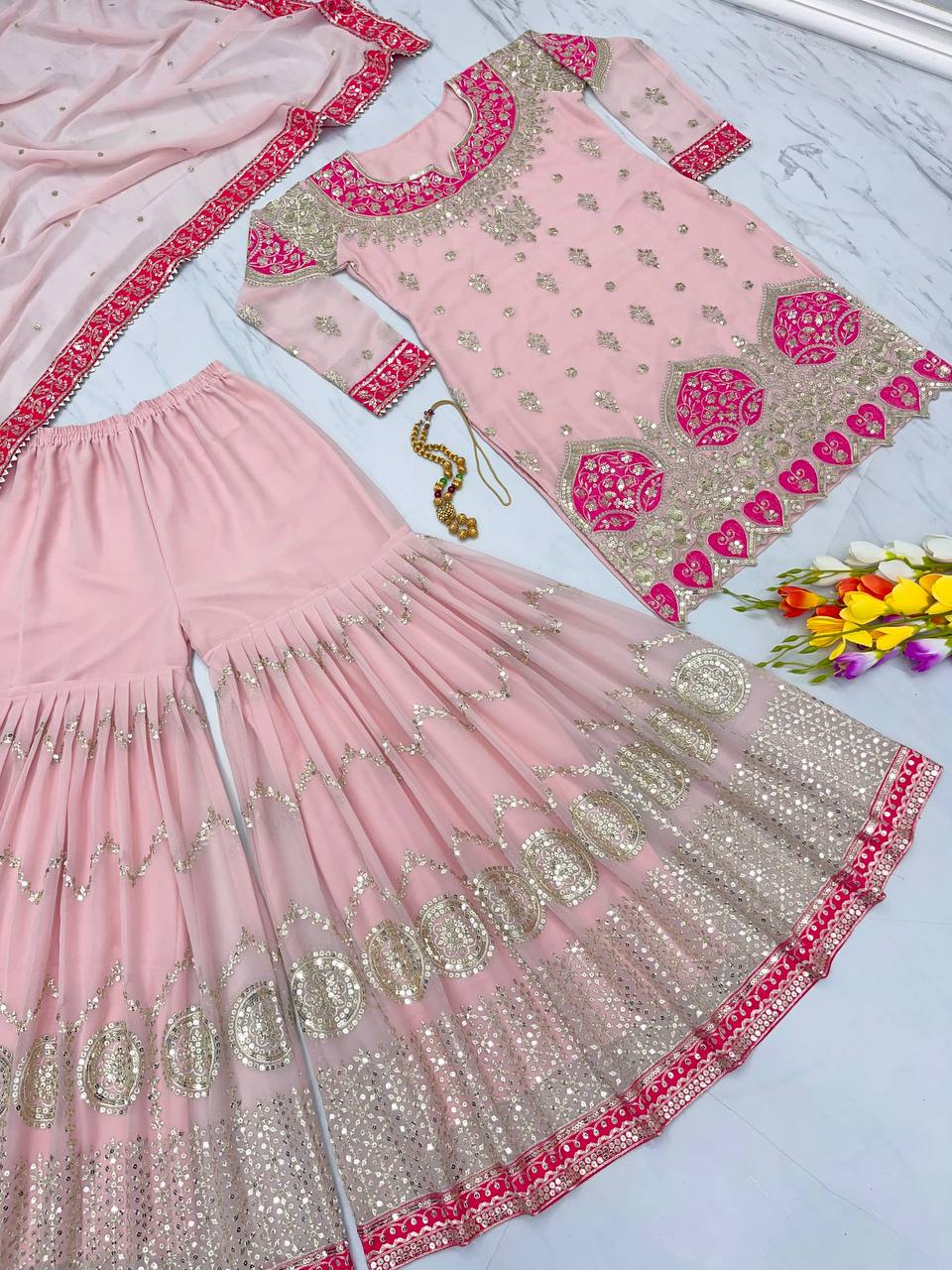 Partywear Pink Color Faux Georgette Women Sharara Suit With Dupatta