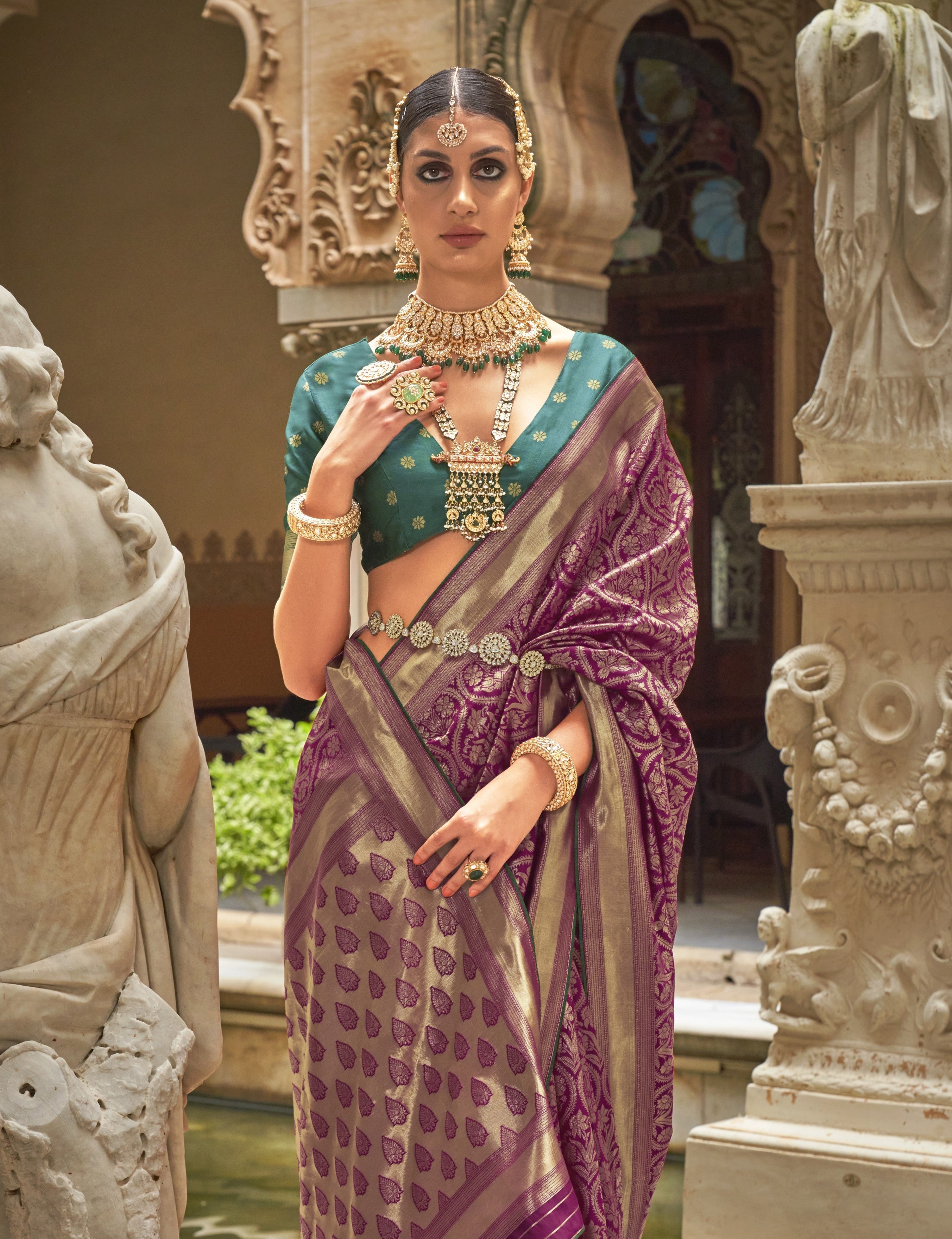 Indian Banarasi Silk Saree With V Neck Silk Blouse