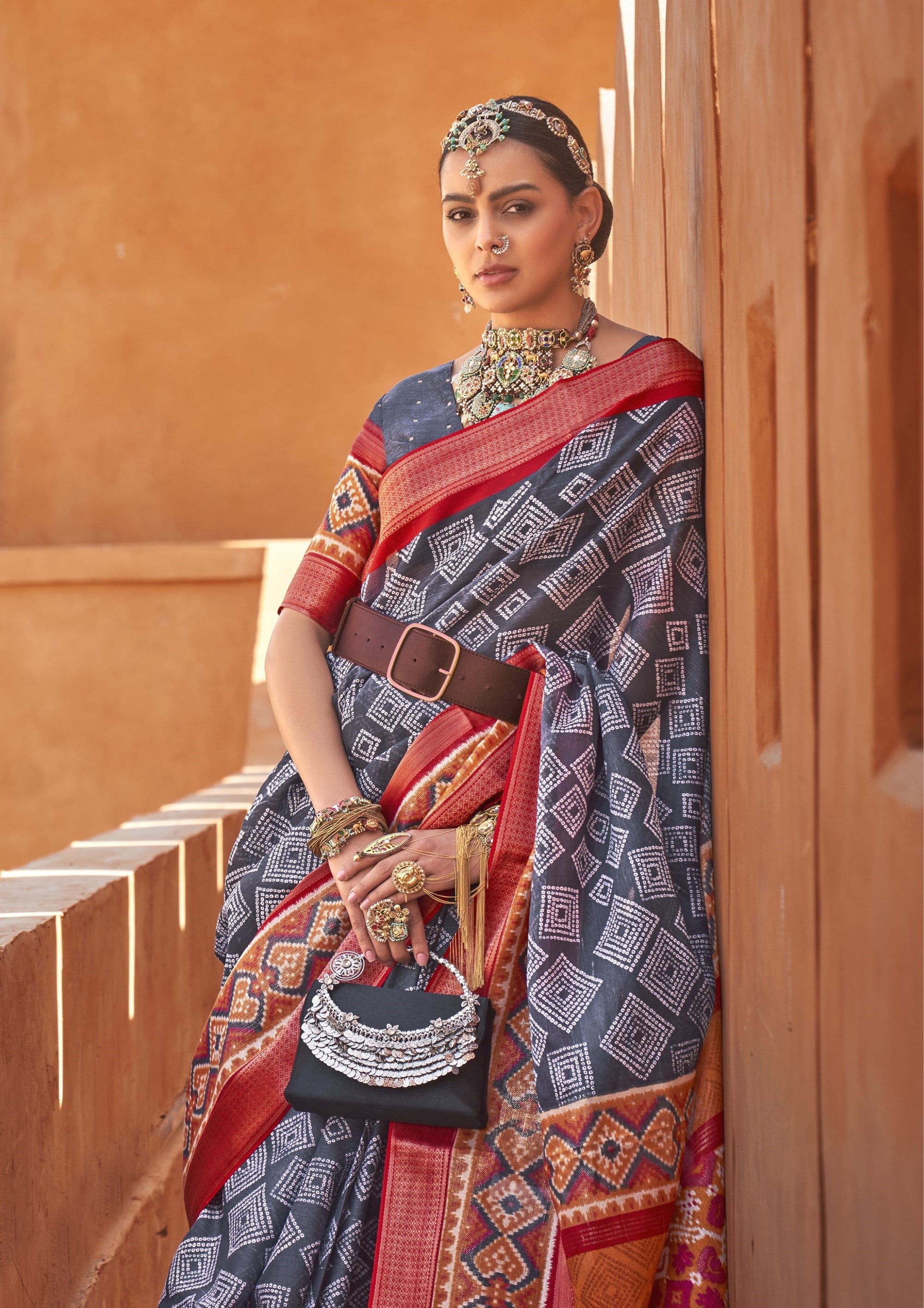 Gray Color Printed Banarasi Silk Saree For Women