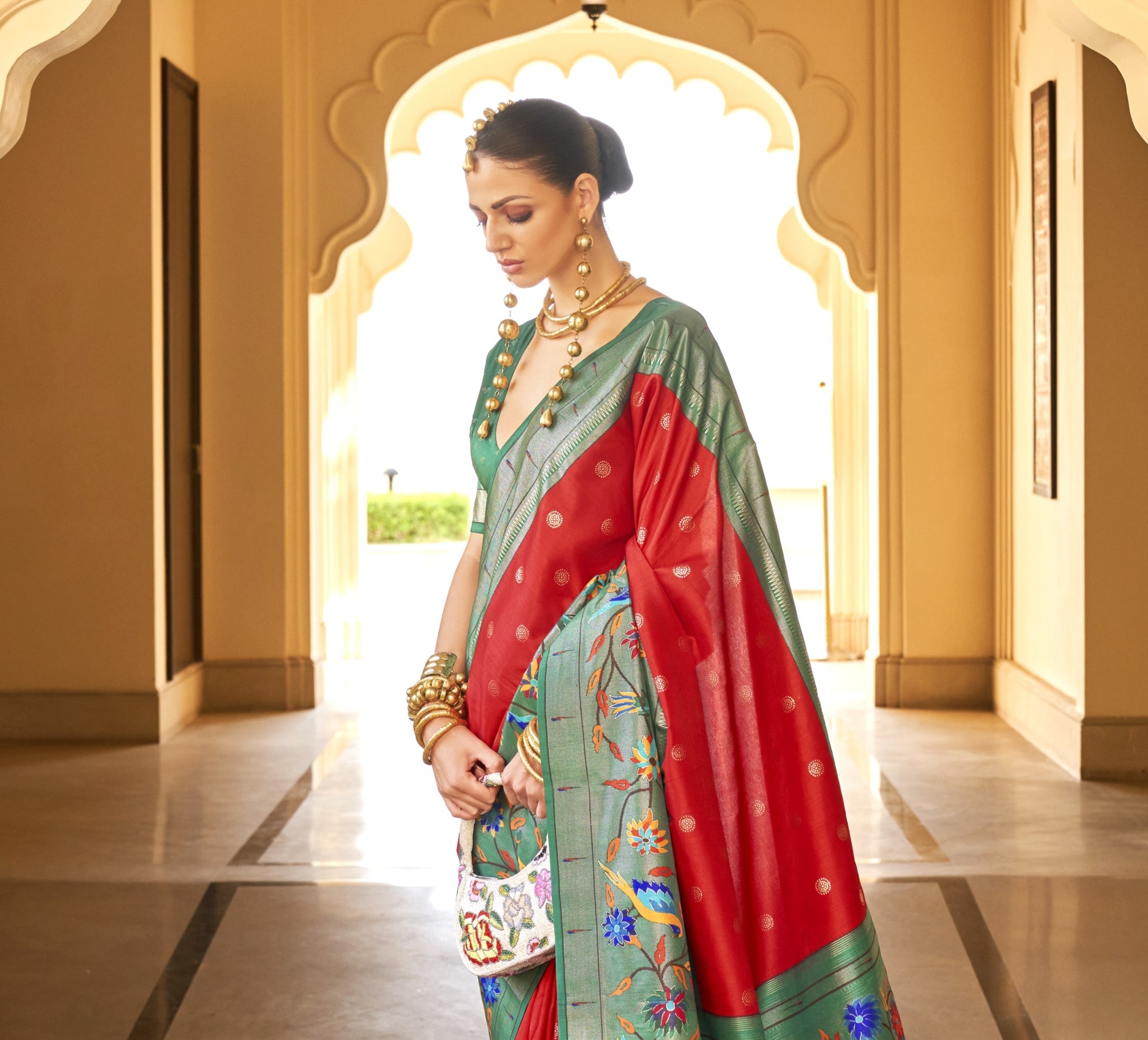 Green and Red  Paithini Silk Saree for Women