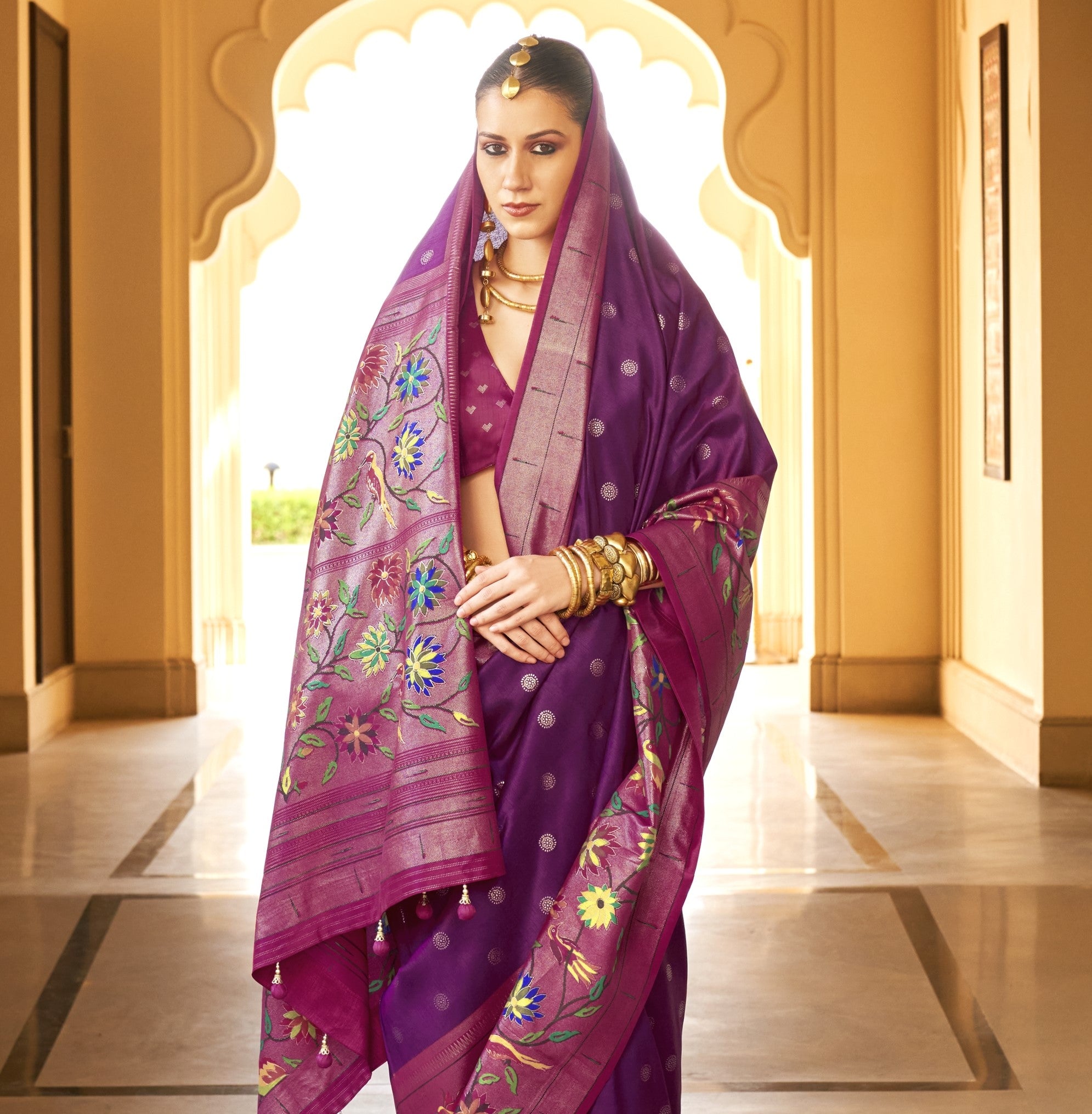 Purple Silk Paithini Printed Saree with V Neck Blouse