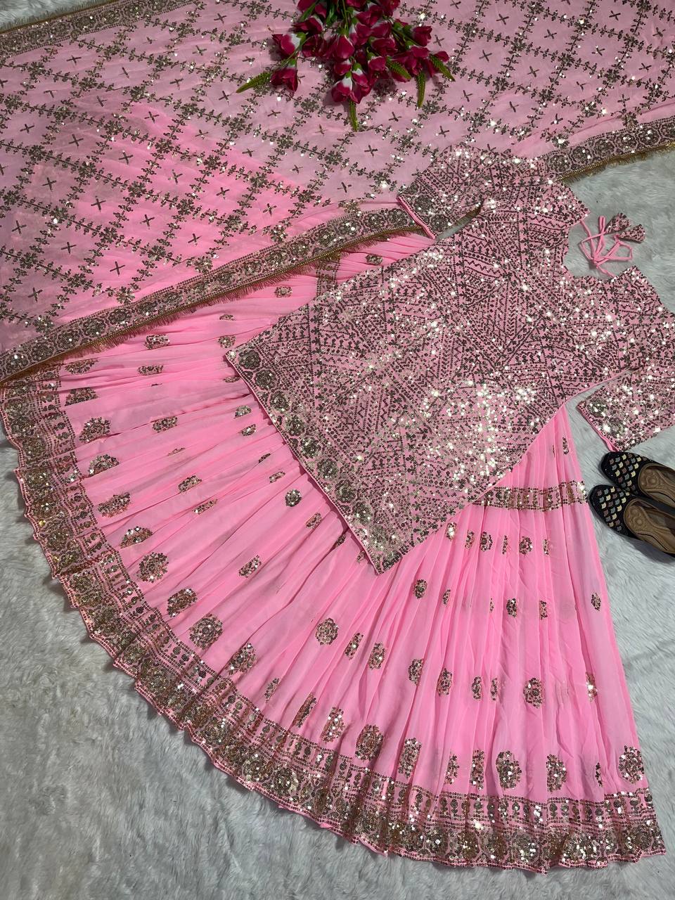 Pink Faux Georgette Suit with Lehenga Set