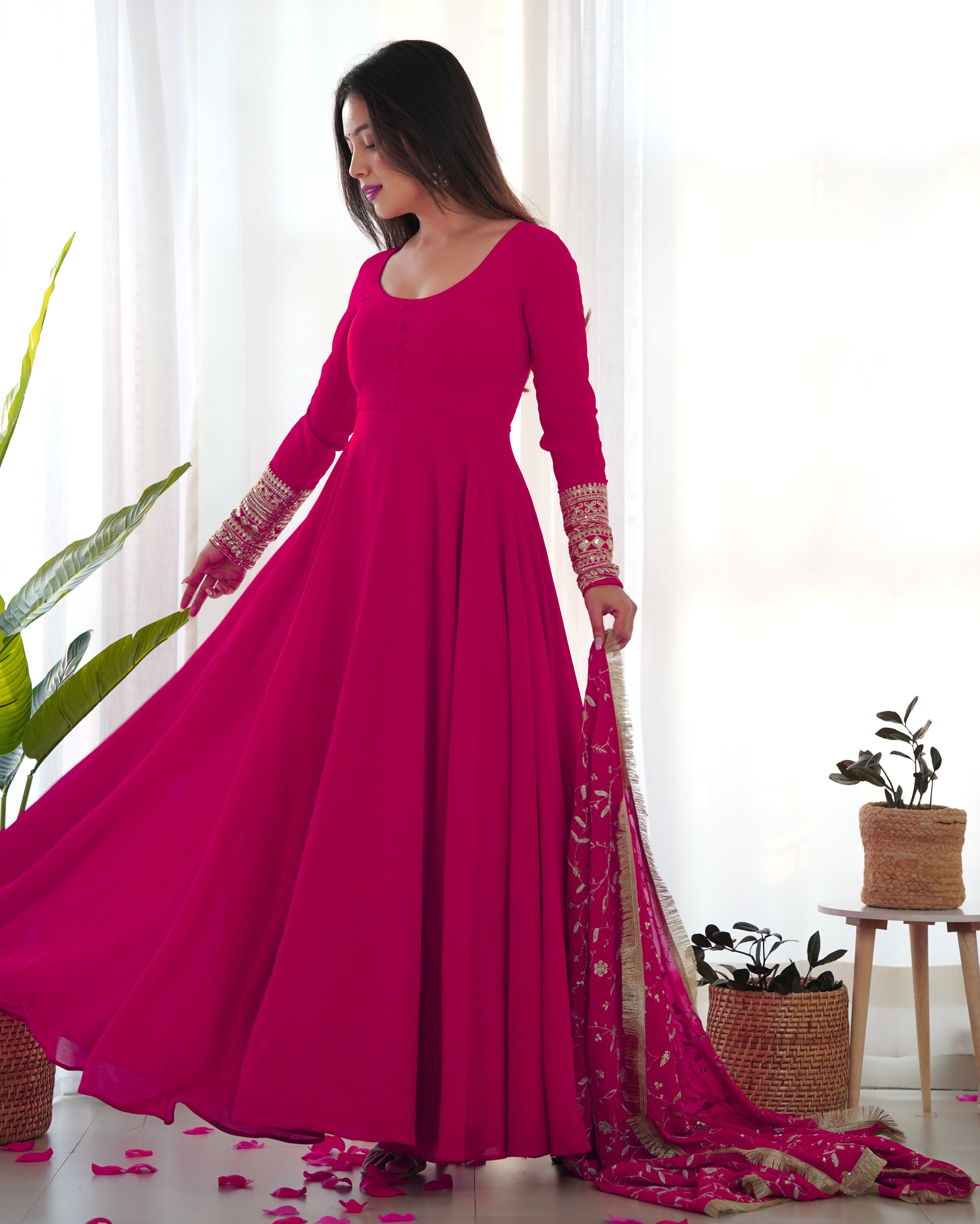 Soft Organza silk with a print Pink Anarkali Suit for Women