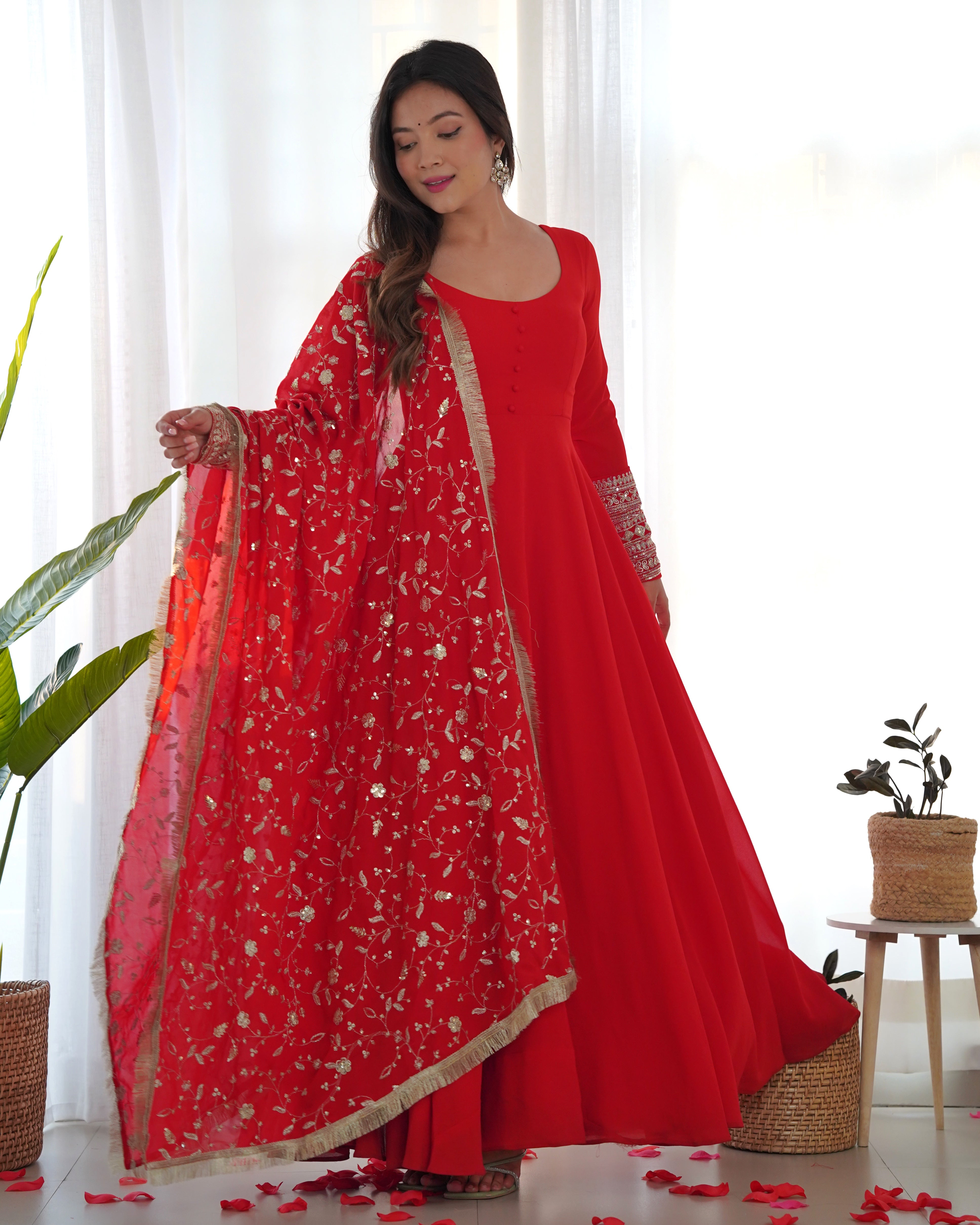 Red Soft Organza Silk Anarkali Gown for Women