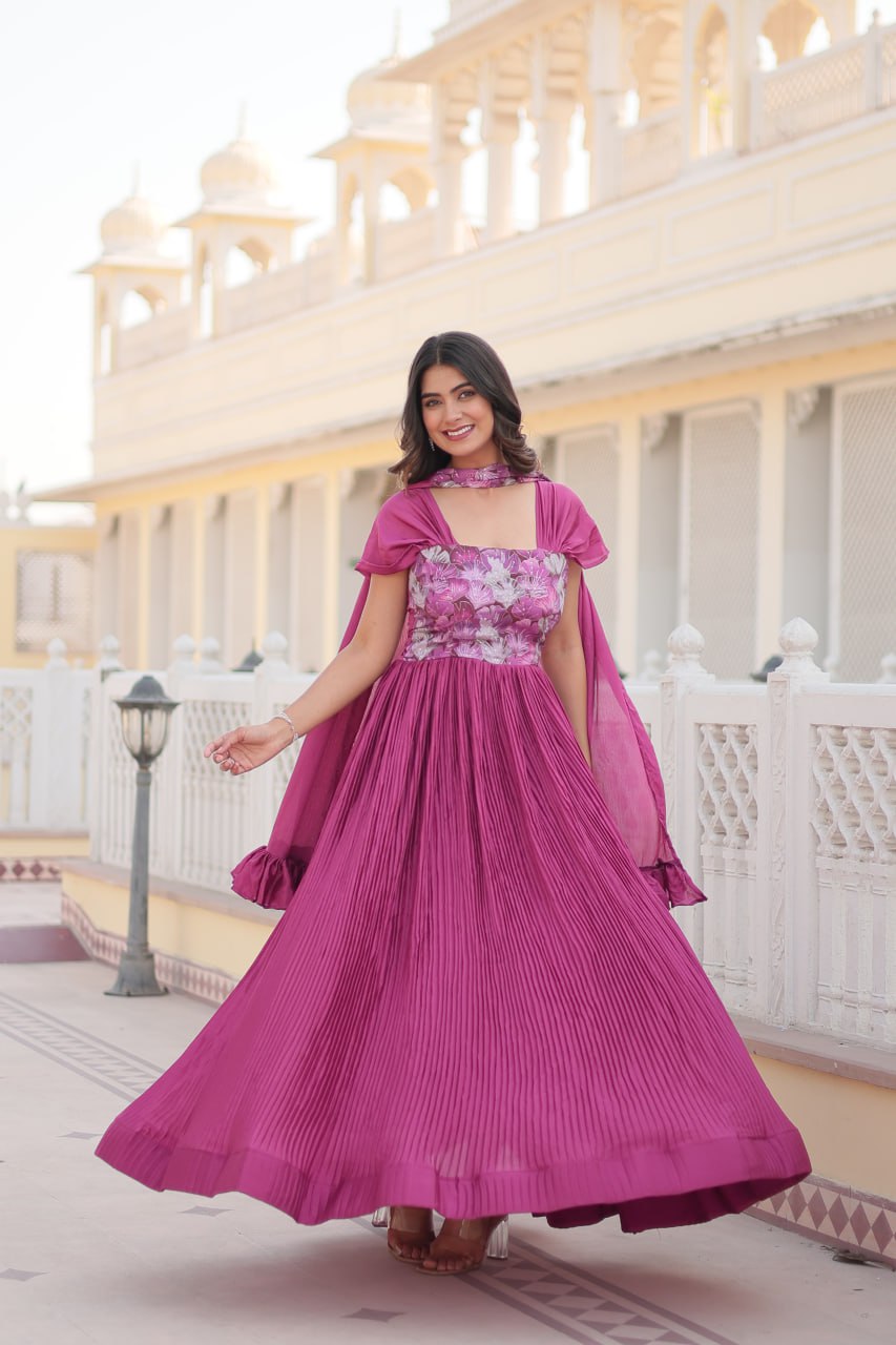 Pink Anarkali Gown Chinon Fabric for Women