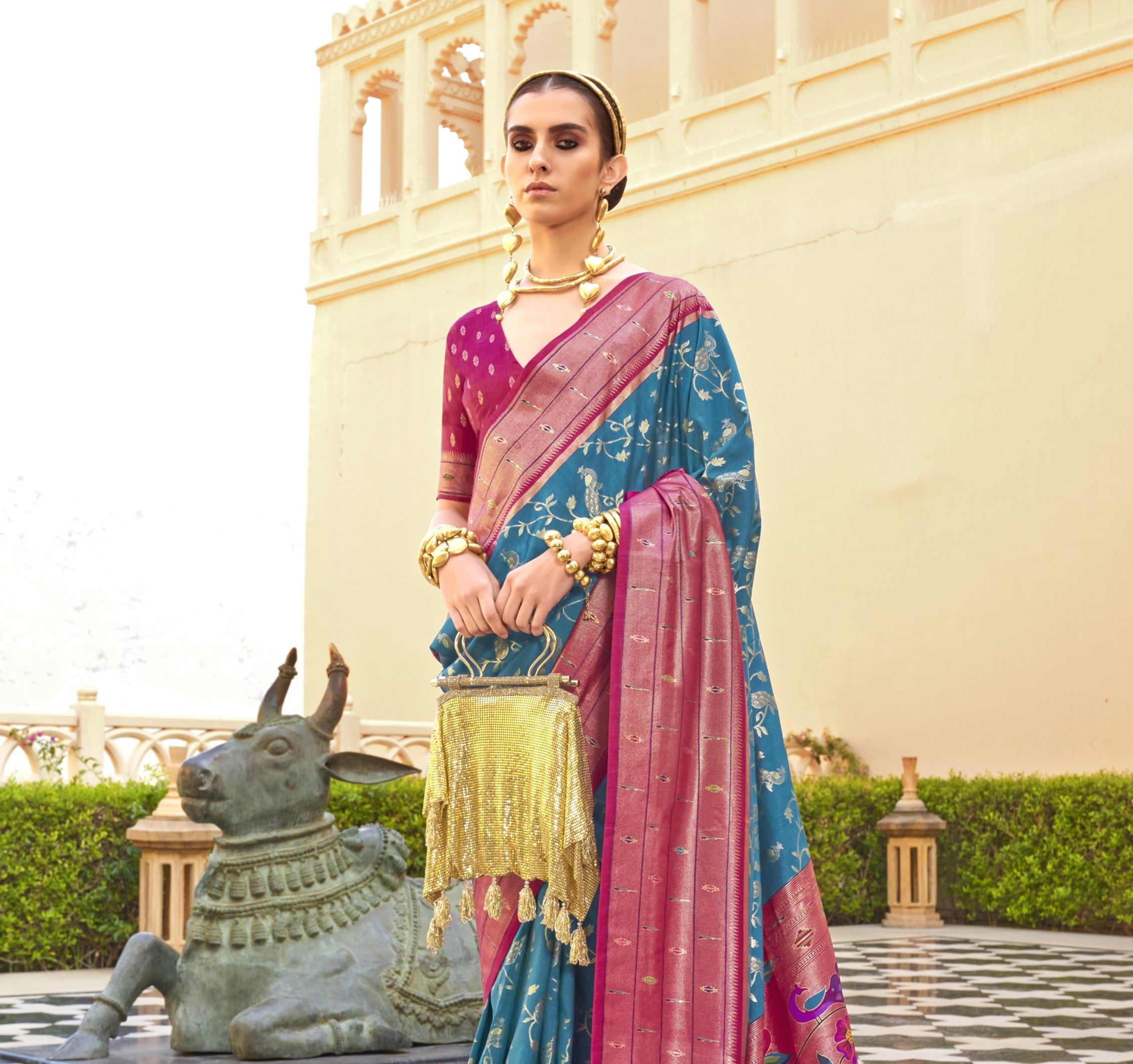 Blue and Pink Paithini Design Silk Saree