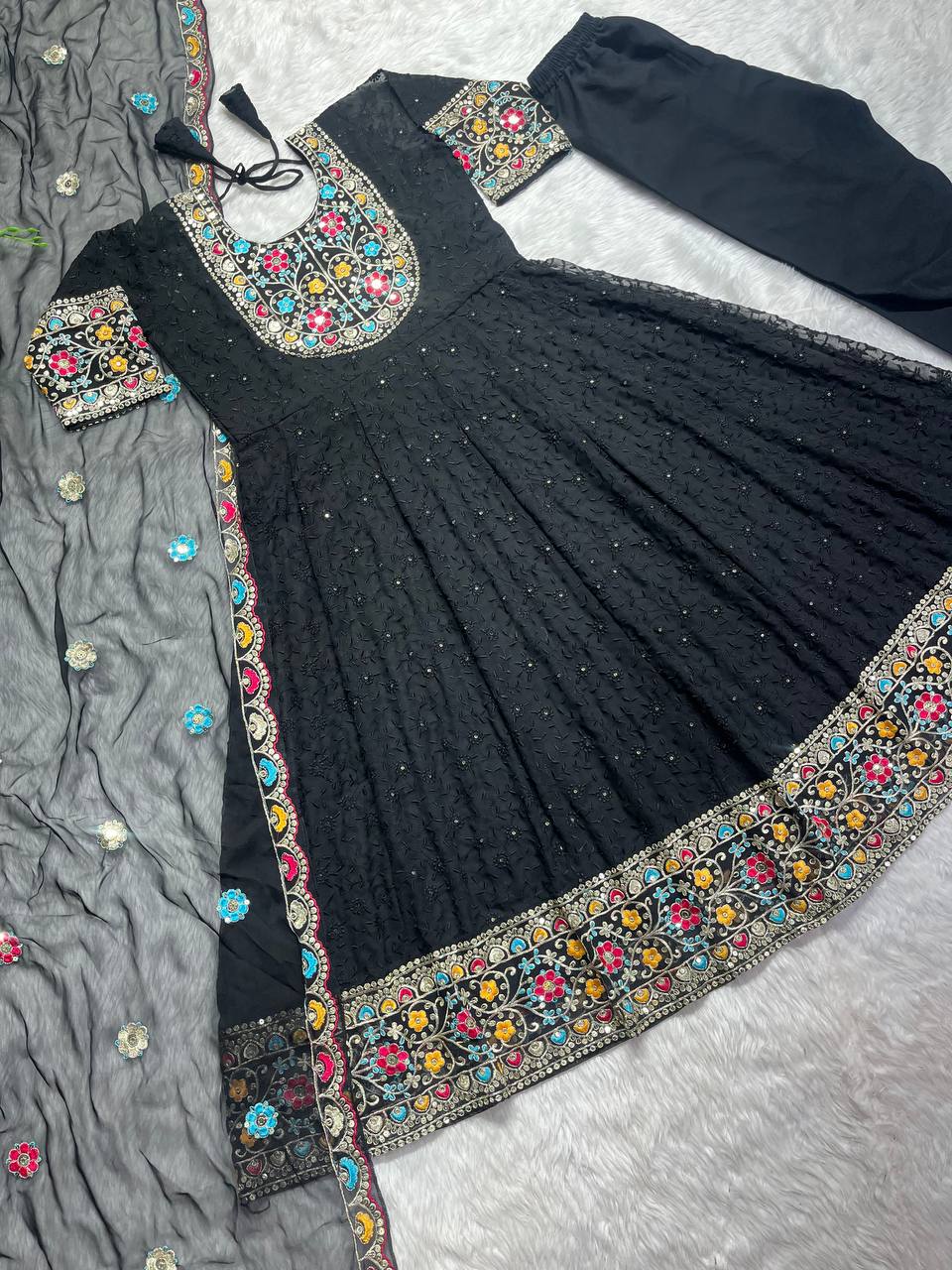 Georgette with Sleeves Black Gown with Dupatta Set