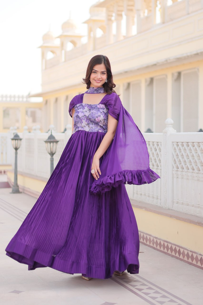 Flower Print Chinnon  Purple Anarkali Suit for Women