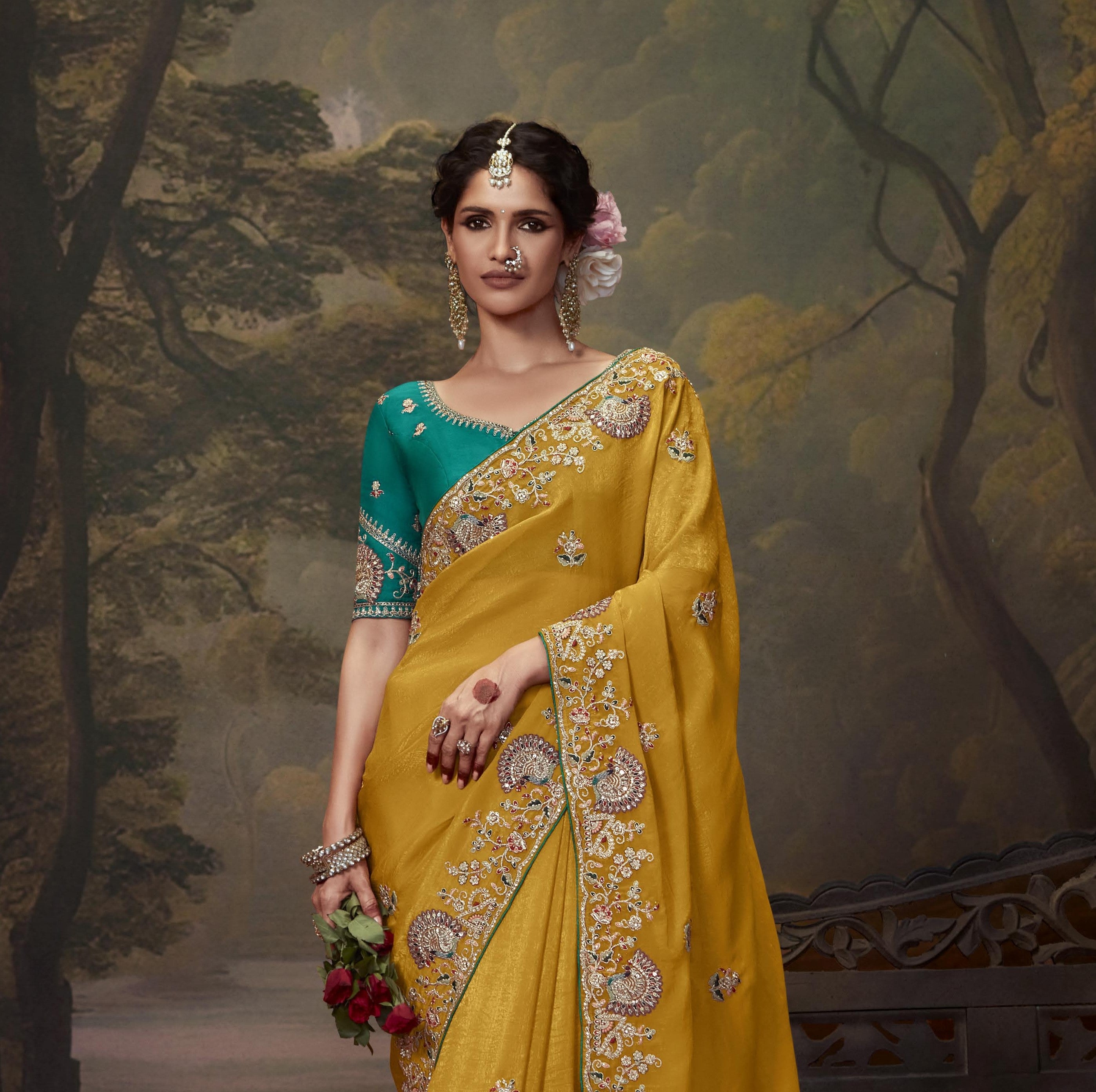 Vichitra Soft Silk with Work Embroidery Yellow Saree for Women