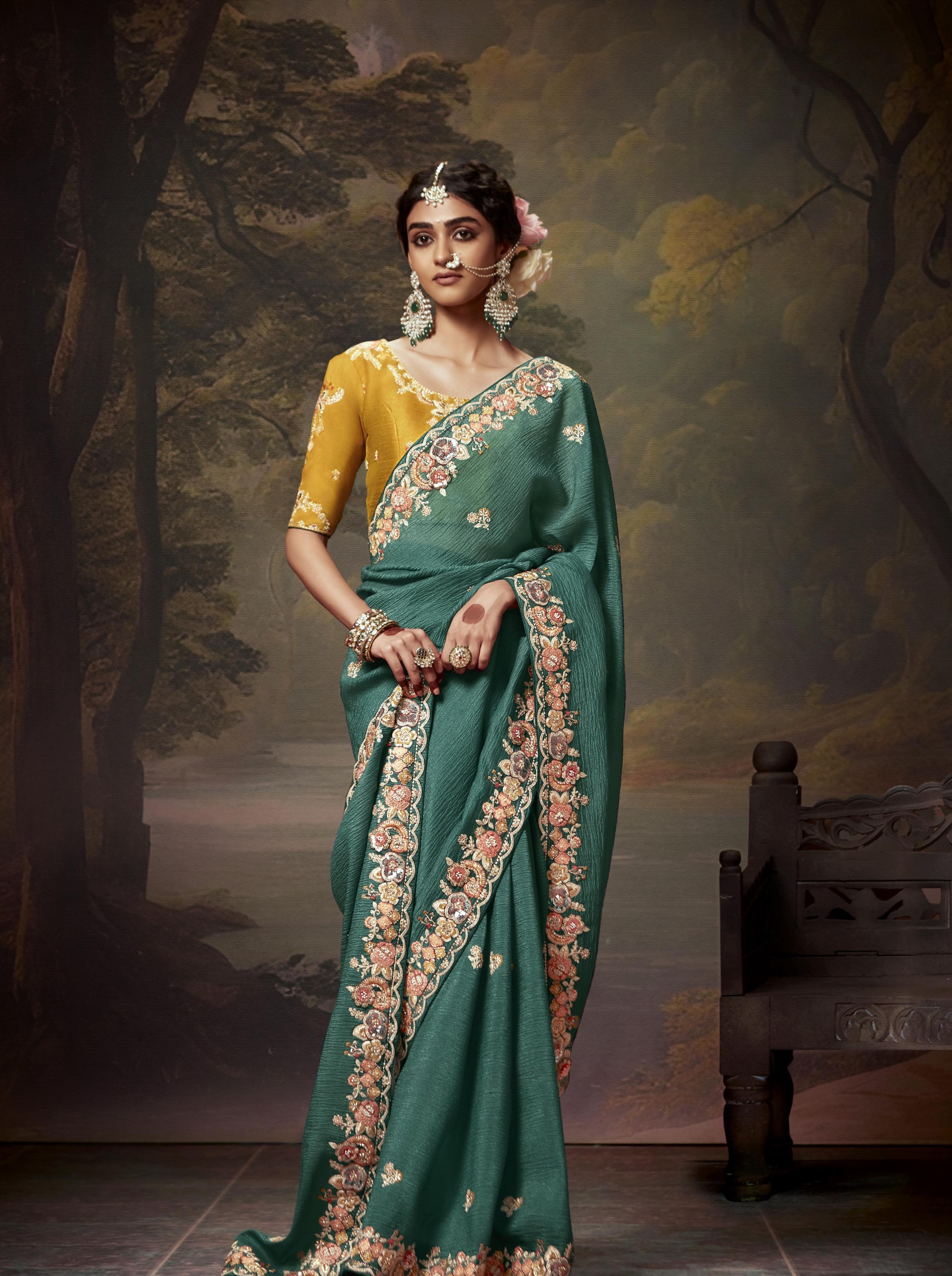 Vichitra Soft Silk with Embroidery Work Green Saree with Blouse