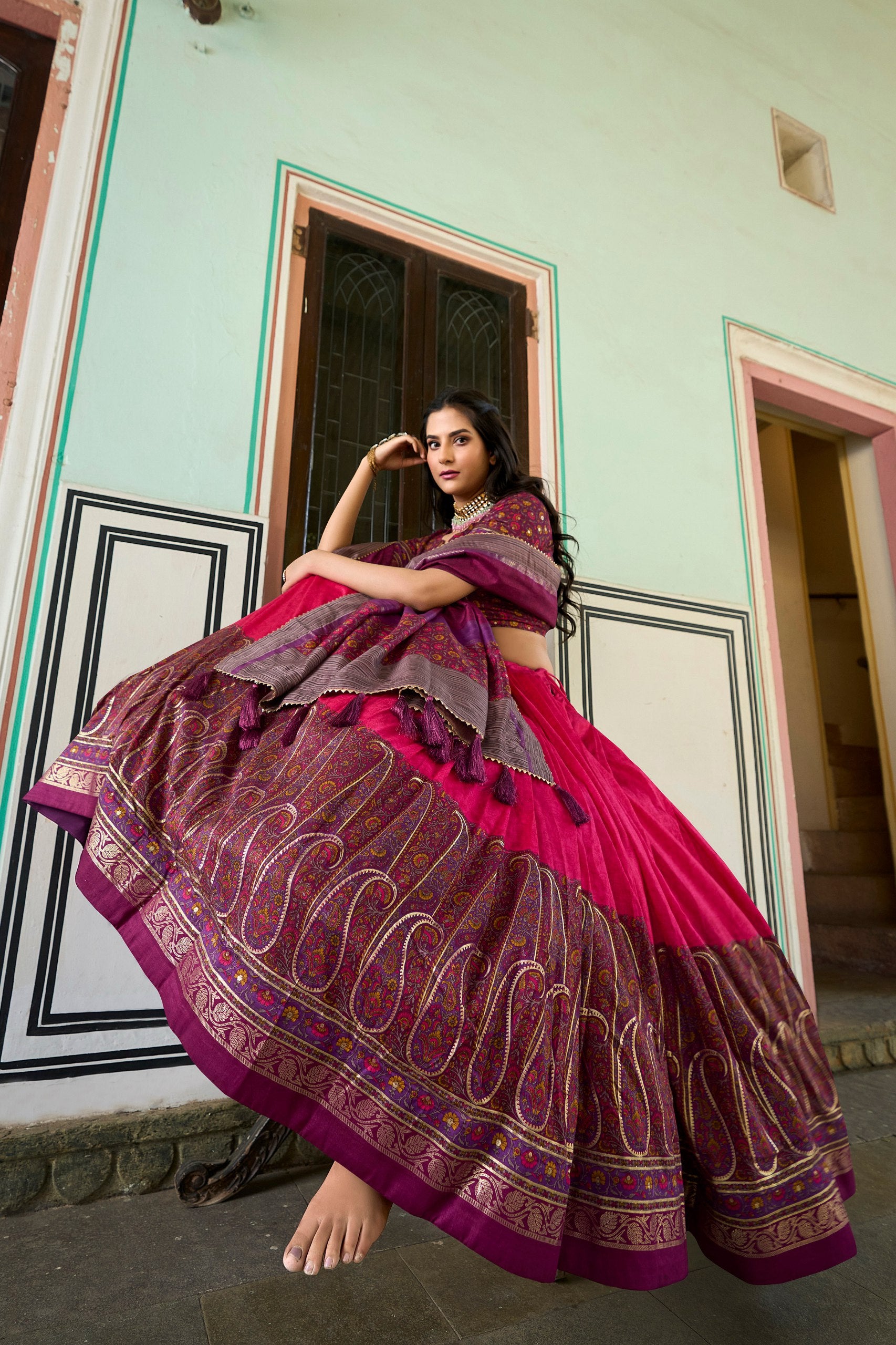 Kashmiri Print Tussar Silk Lehenga Blouse Set for Women