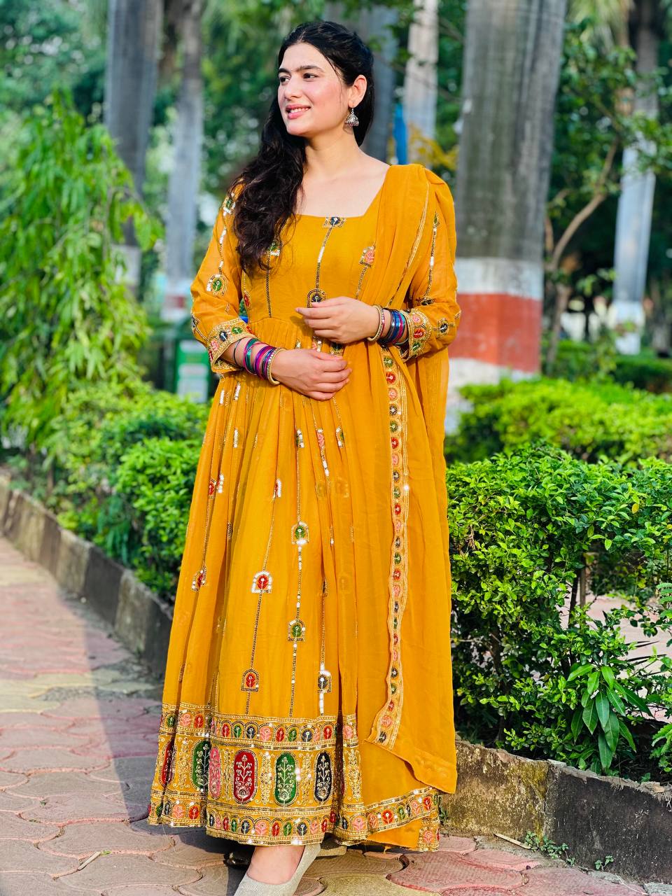 Yellow Long Anarkali Gown for Women Wedding Function