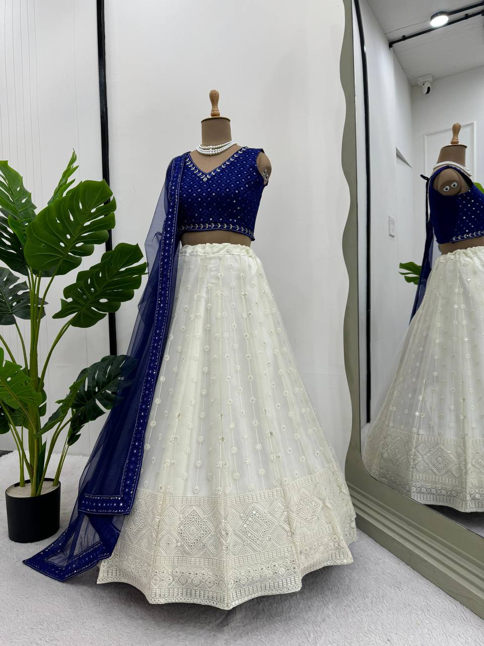 Partywear White Blue Color Lehenga Choli With Dupatta For Wedding Wear