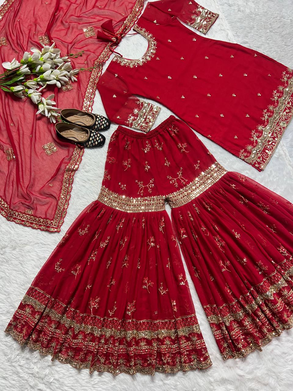 Latest Designer Red  Heavy Faux Georgette Sharara Palazzo Set