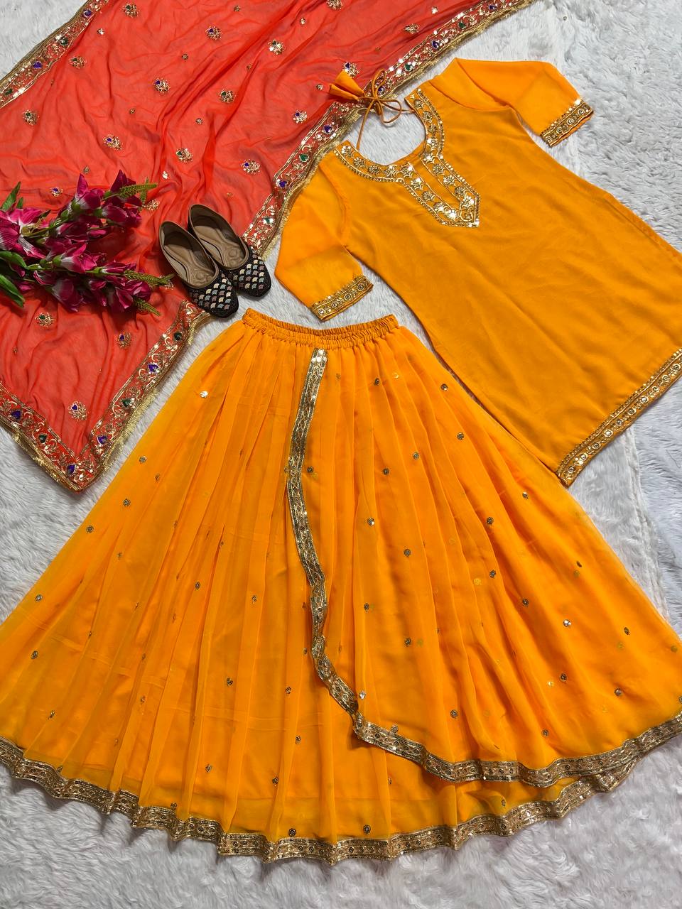 Georgette with Embroidery Yellow Wedding Occasion Top with Dhoti Skirt