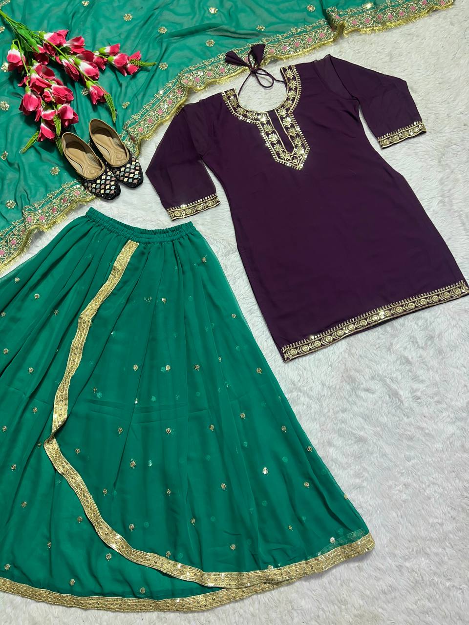 Faux Georgette Purple and Green Punjabi Suit with Dhoti Skirt