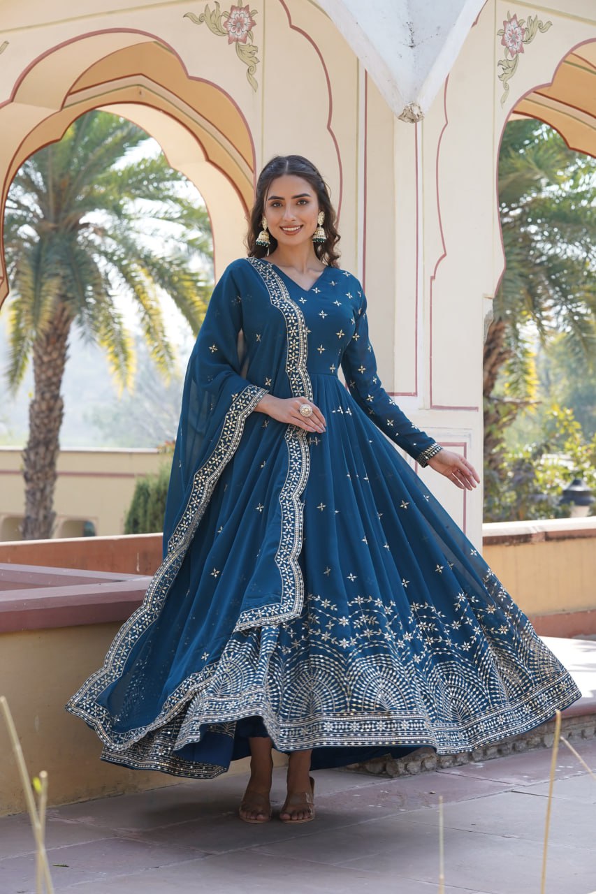 Russian Silk with Embroidery Printed Anarkali Gown