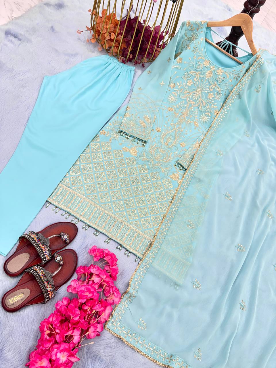 Sky Blue Heavy Faux Georgette With Embroidery Salwar Kameez