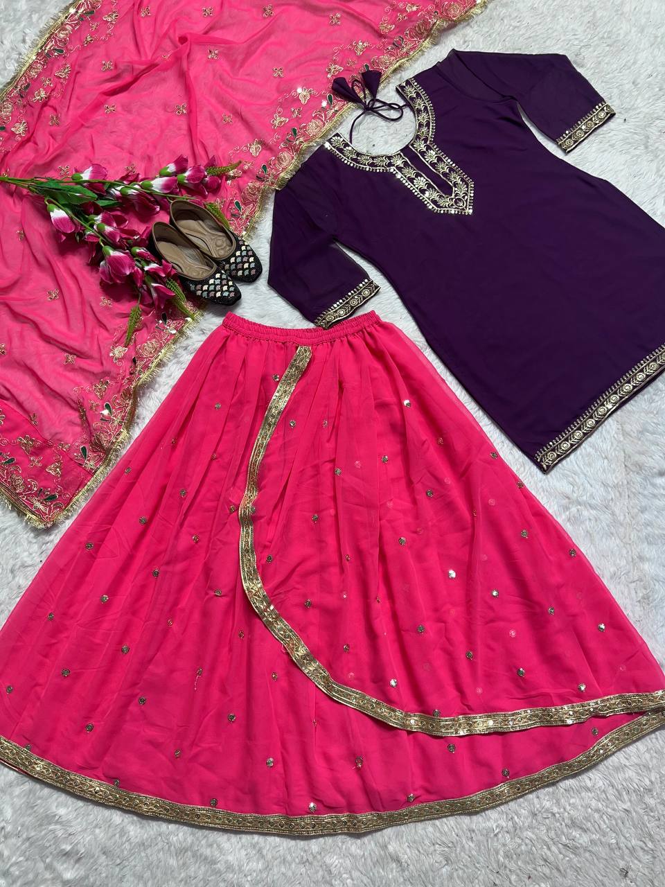 Pink Faux Georgette with Heavy Embroidery Top with Dhoti Skirt