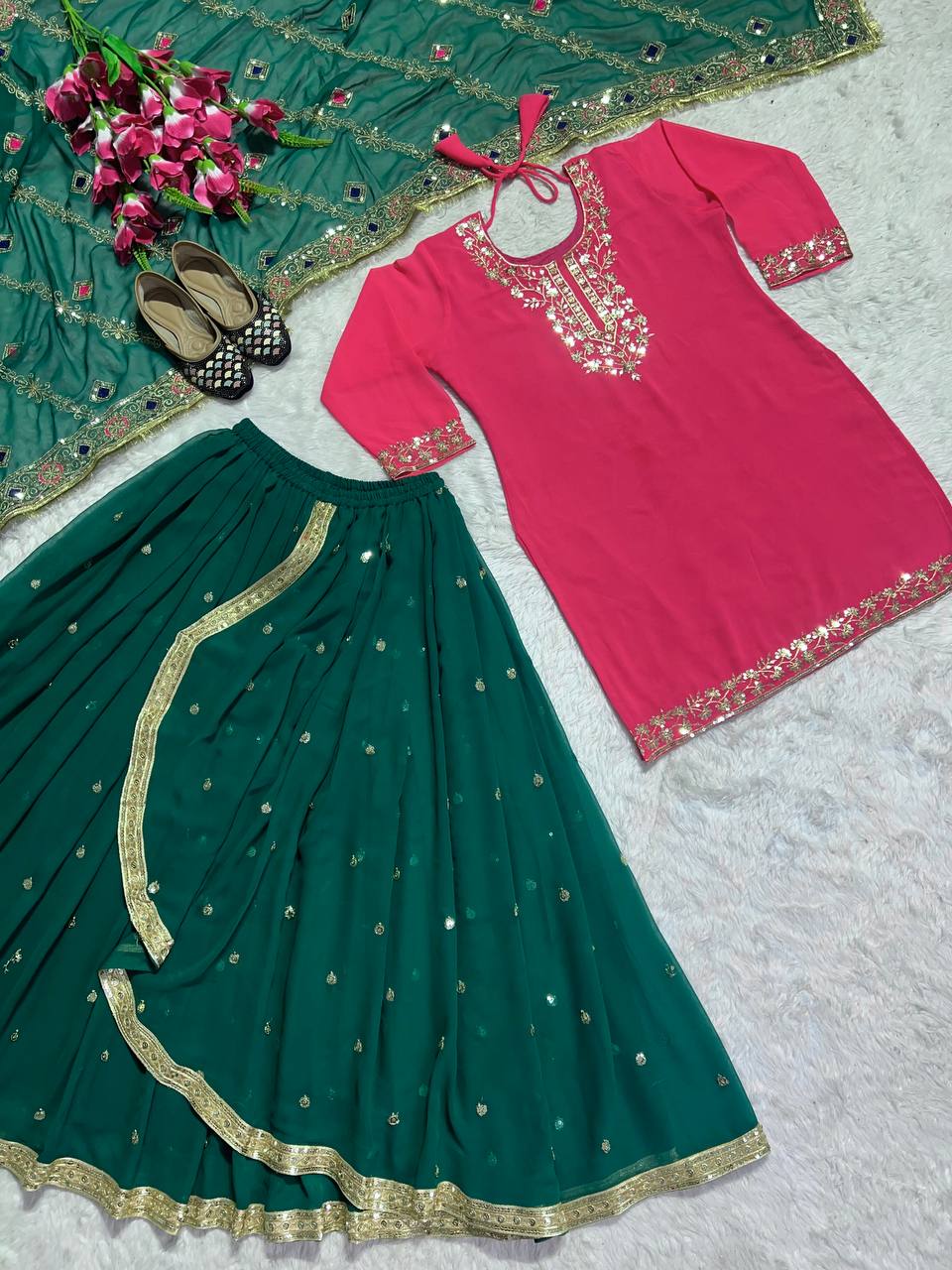 Pink and Green Punjabi Wedding Top with Dhoti Skirt