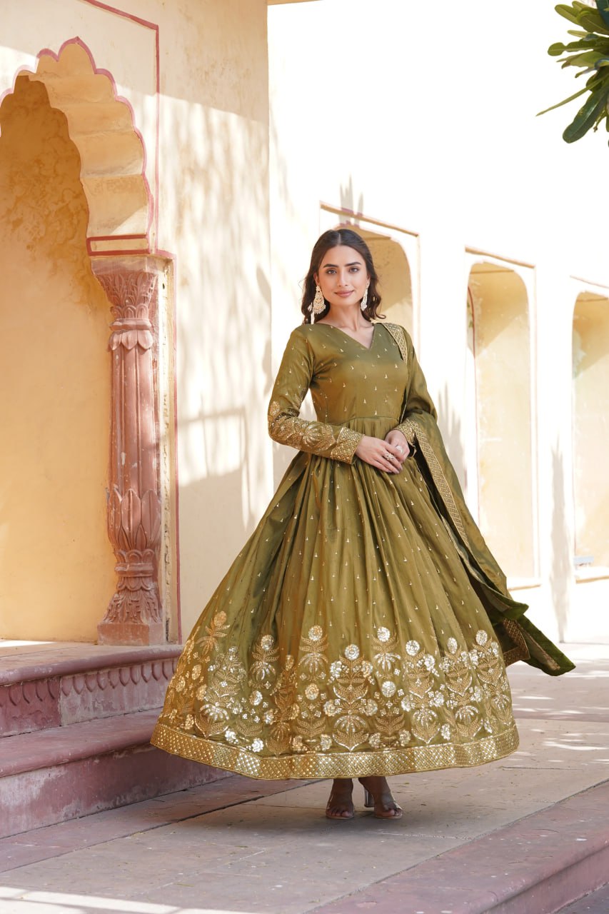 Green Anarkali Gown for Weddings Mehndi Function