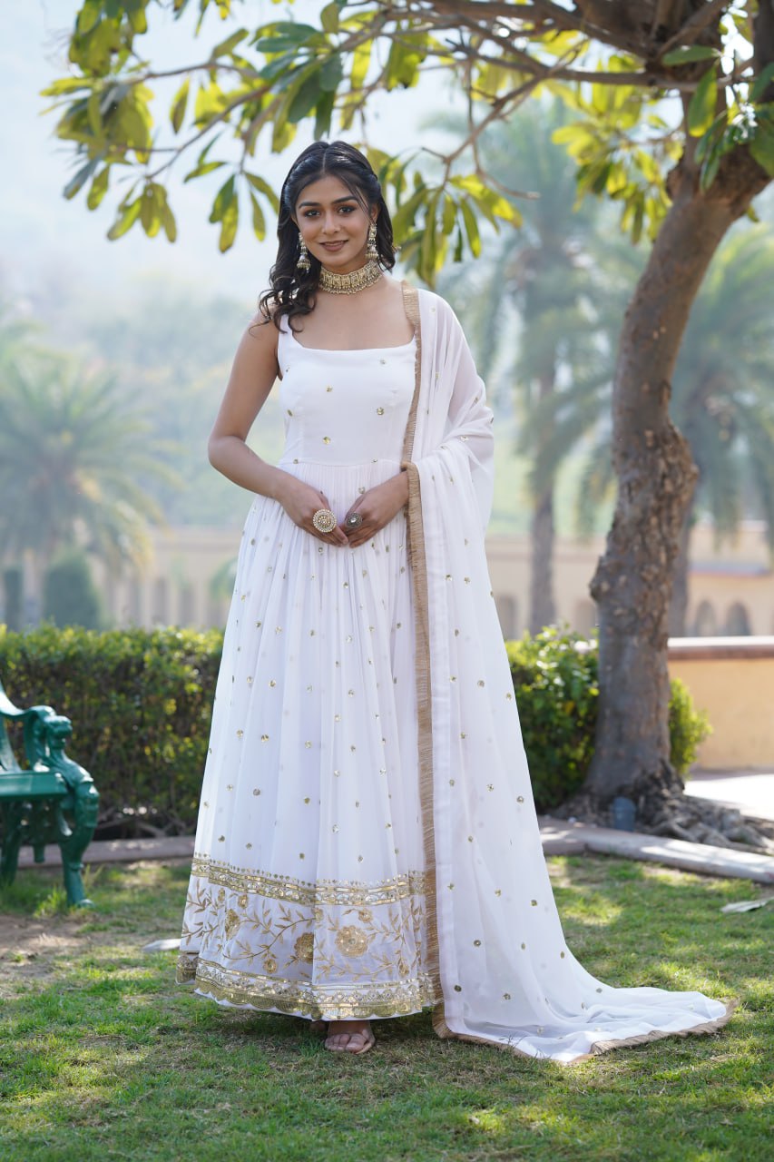 Beautiful White Sequins Embroidered Work Anarkali Suit