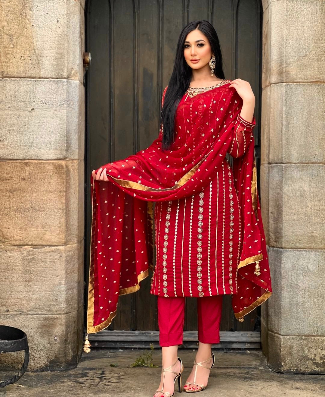 Georgette with Embroidery Red Salwar Suit