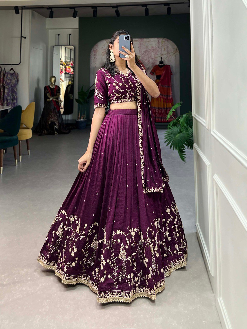 Luxurious Vichitra Silk Sequins and Embroidery Lehenga Choli