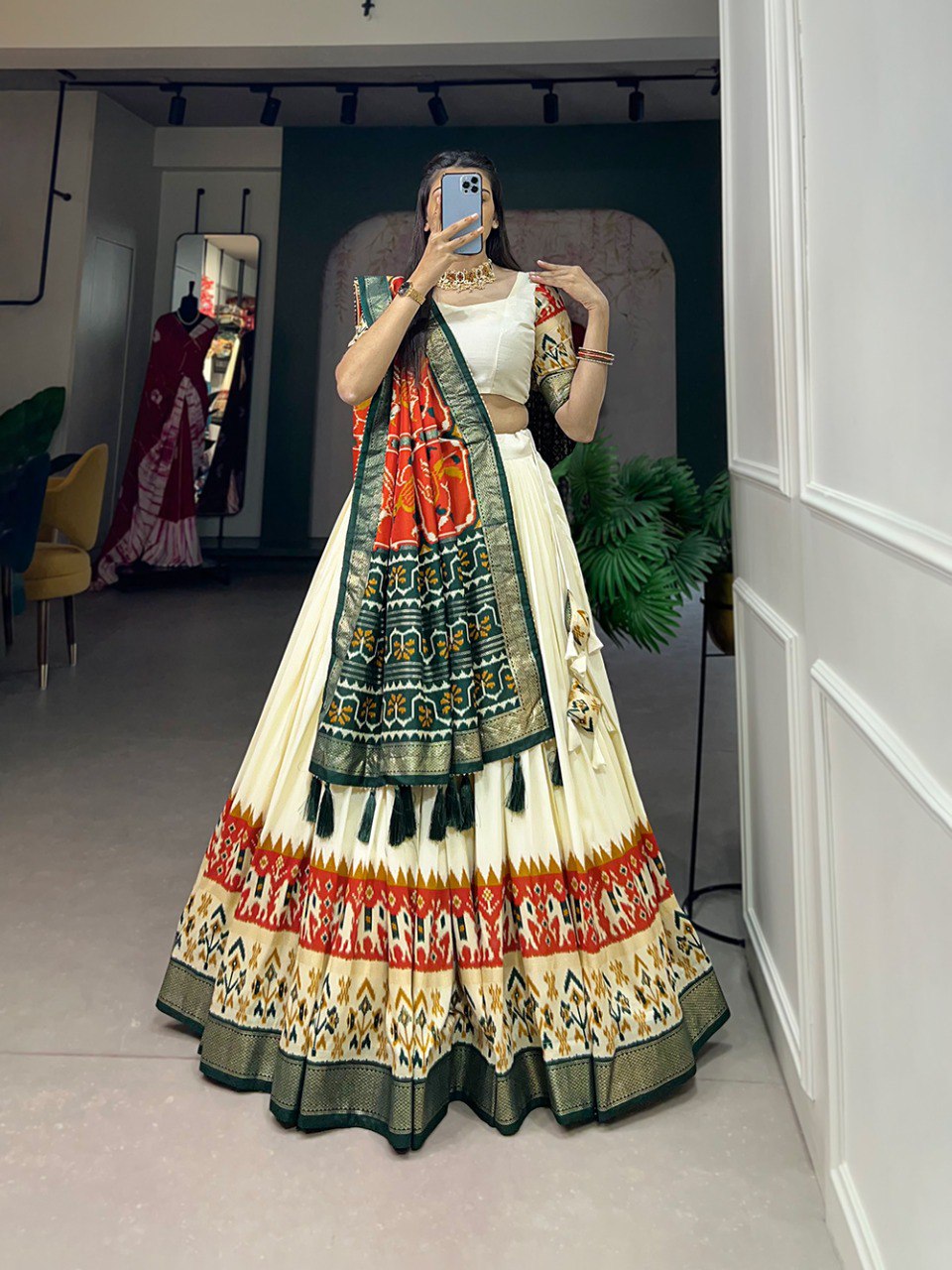 Elegant Tussar Silk Lehenga Set with Patola Print and Foil Work