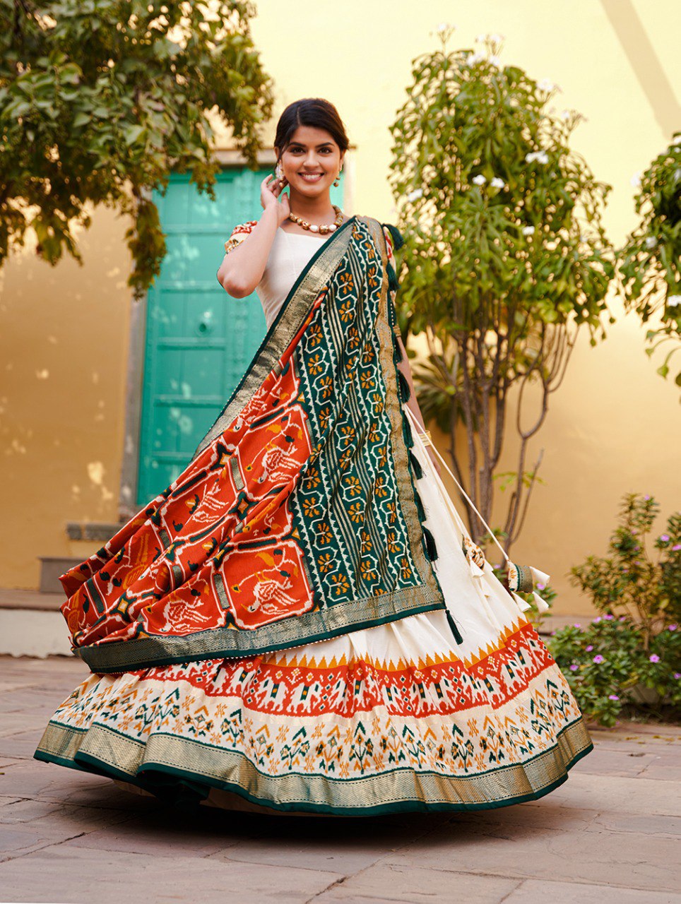 Opulent Tussar Silk Lehenga Set with Patola and Foil Print, Traditional Outfits For Women