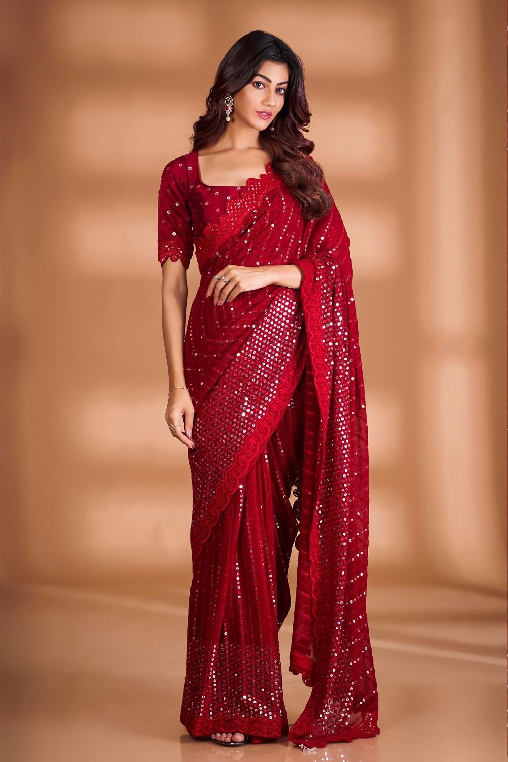 Partywear Red Color Georgette Saree With Blouse