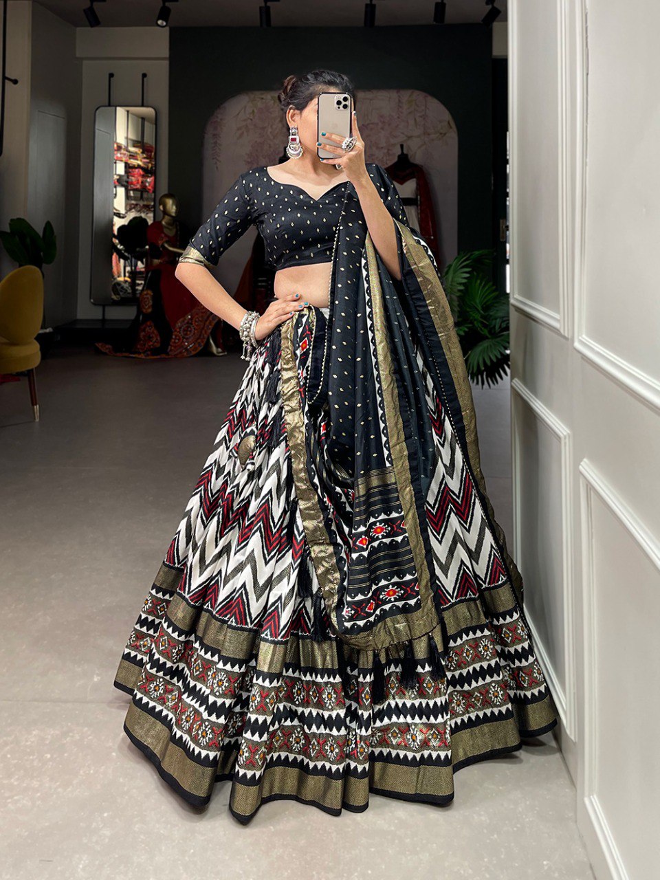 Black Tussar Silk Lehenga Blouse with Dupatta for Women