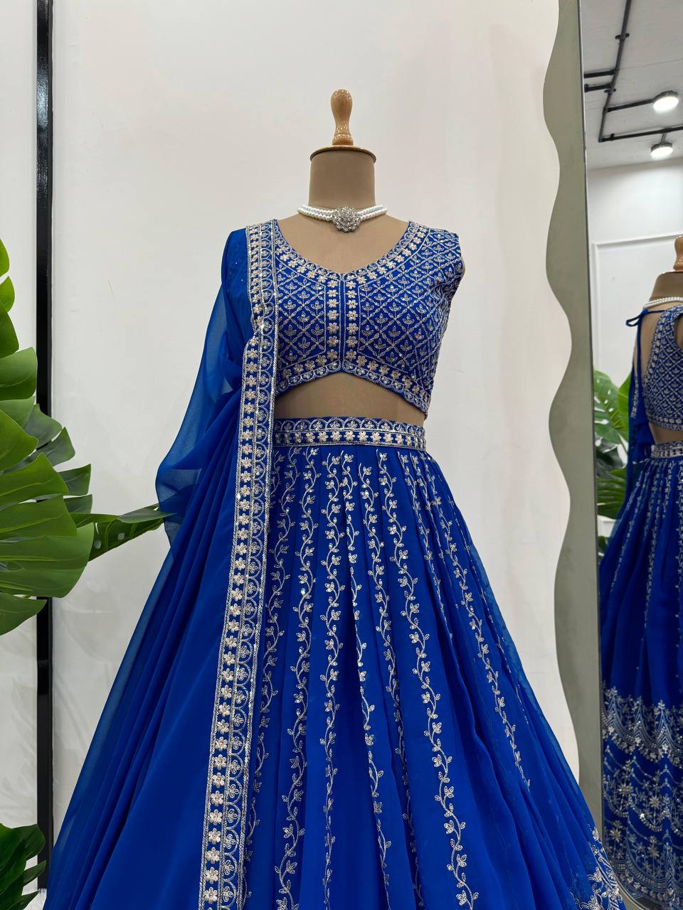 Blue Foux Georgette Embroidery Lehenga Choli for Women