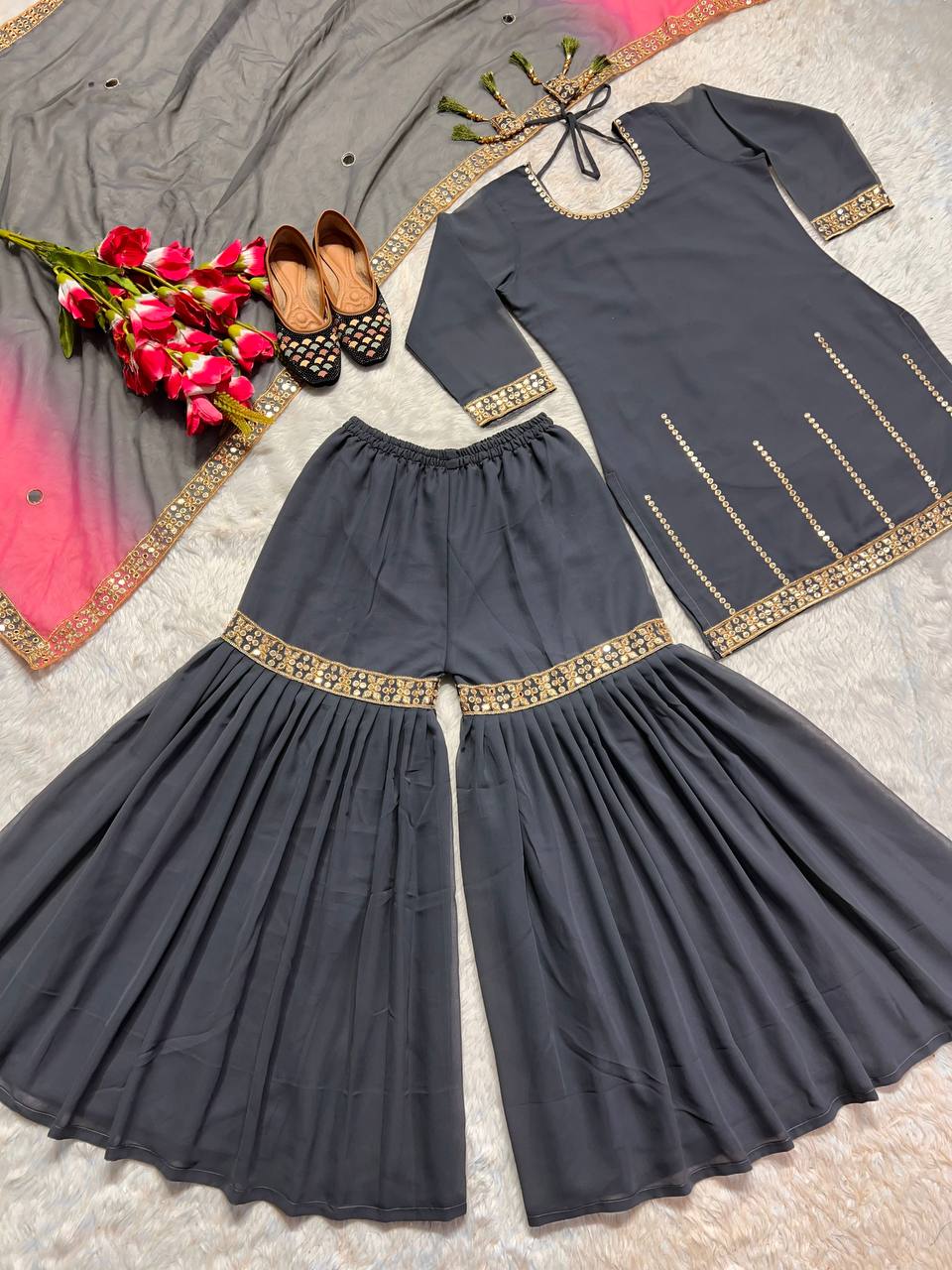 Grey Color Georgette Sharara Palazzo Set