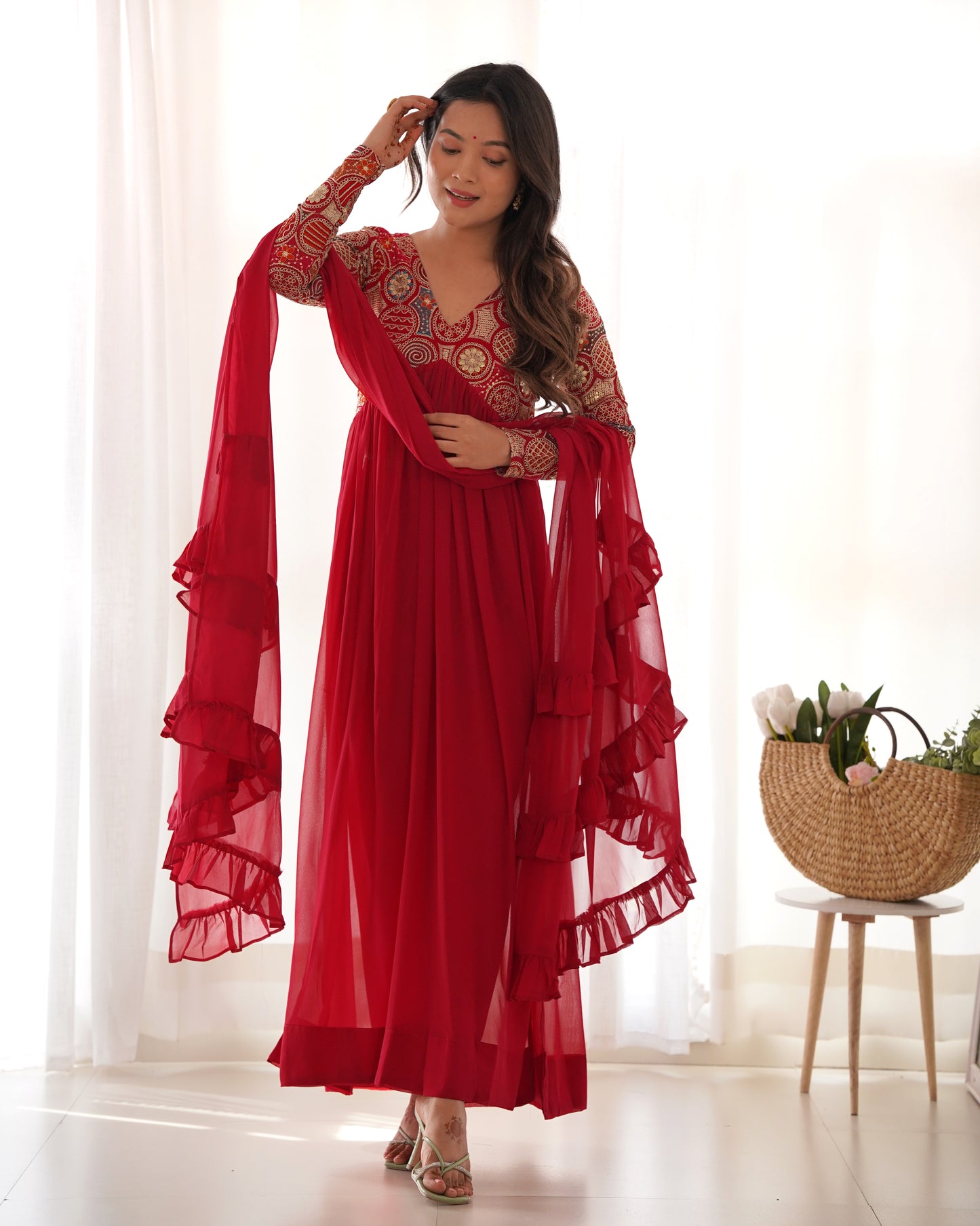 Party Wear Red Color Heavy pure soft Organza Silk, Anarkali Suit Set With Full Sleeves