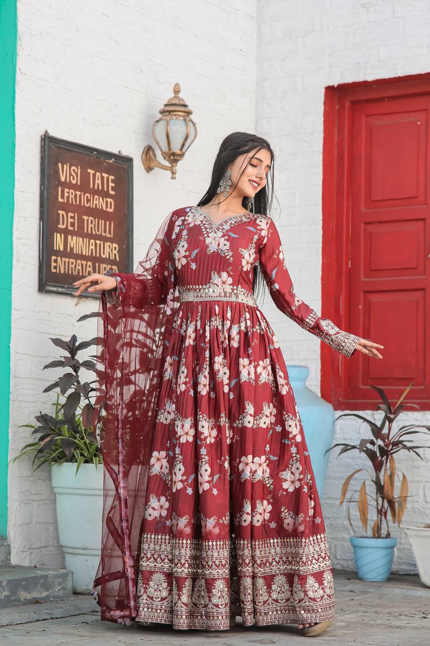 Heavy Chinon Gown Set with Palazzo Dupatta for Women