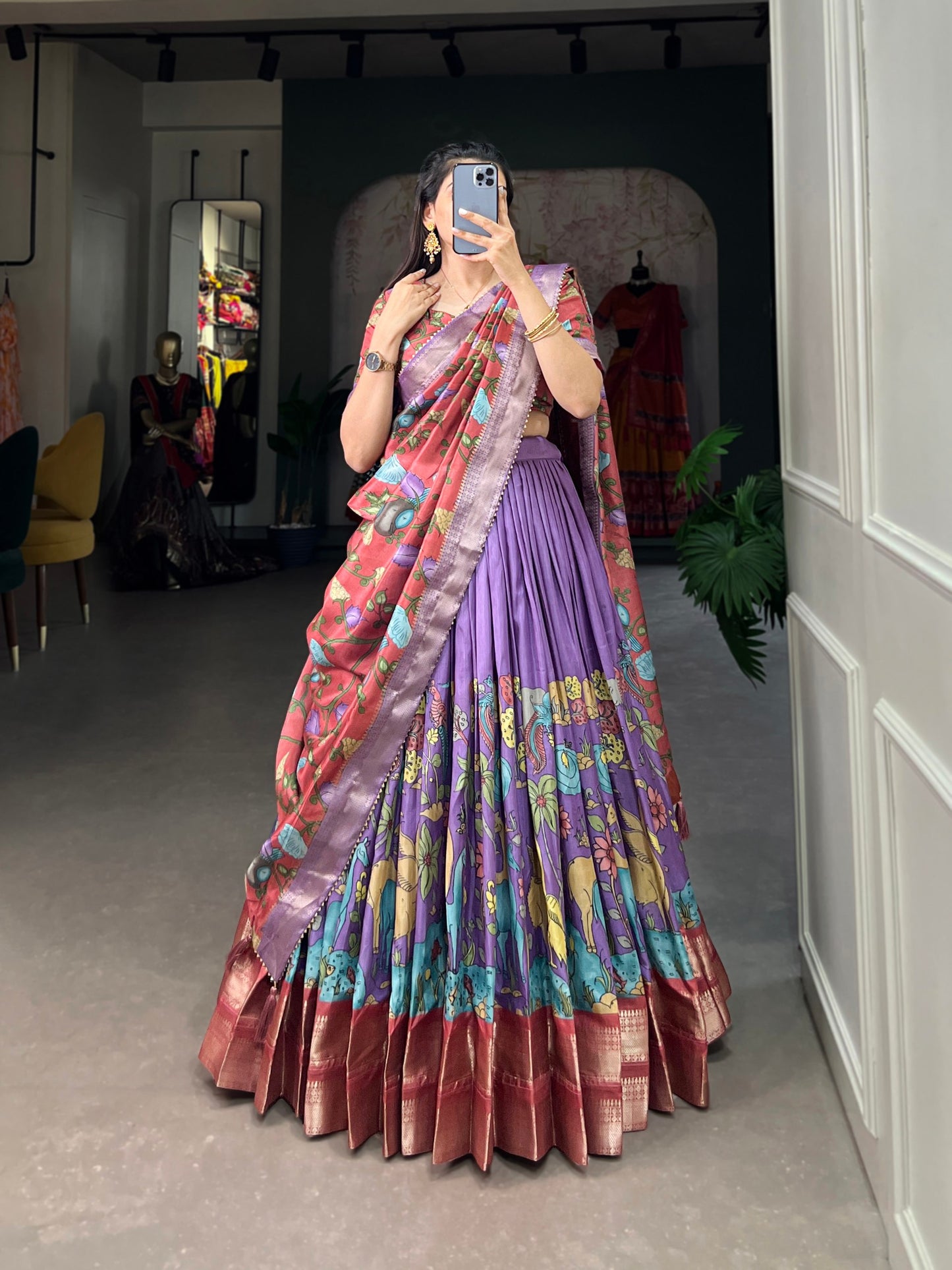 Kalamkari Printed Silk Lehenga Choli for Women