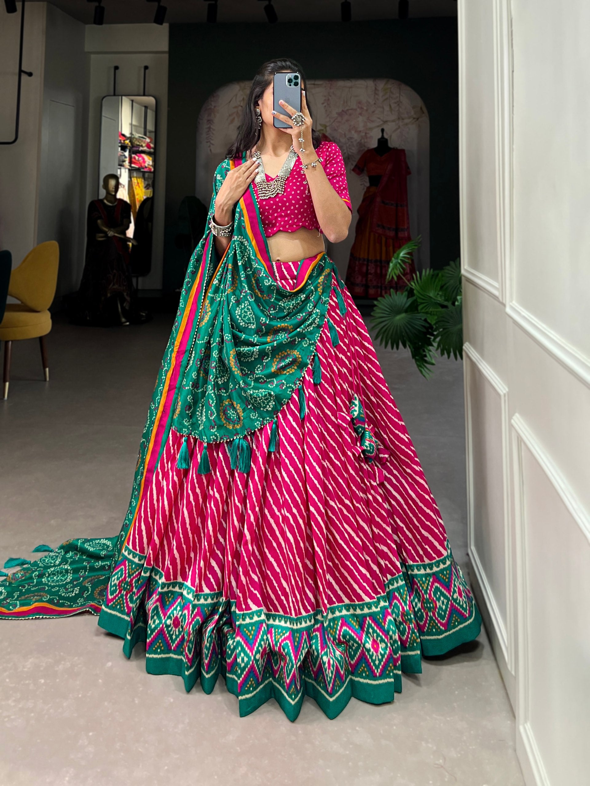 Tussar Silk Leheriya with Patola Print Border Lehenga Choli