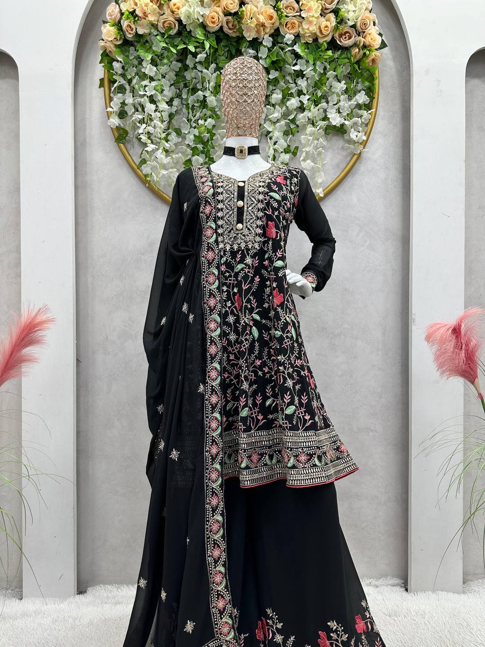 Black Georgette Sharara Suit with Palazzo Set for Women