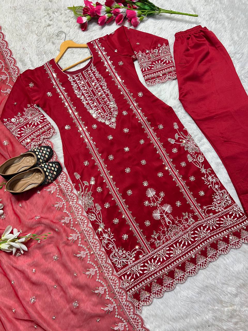 Heavy Pure Organza Red Salwar Kameez for Women