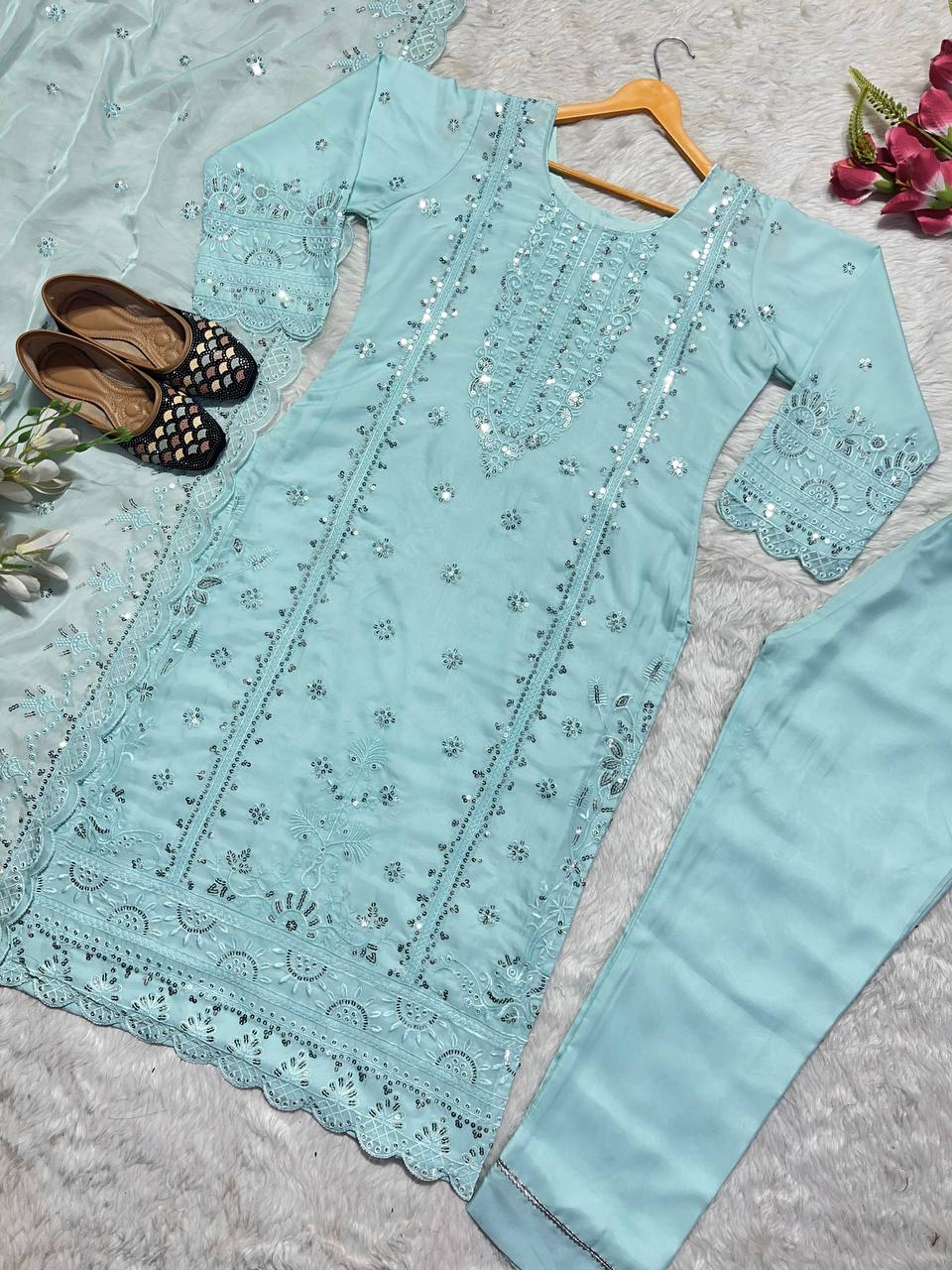 Sky Blue Heavy Pure Organza Salwar Kameez