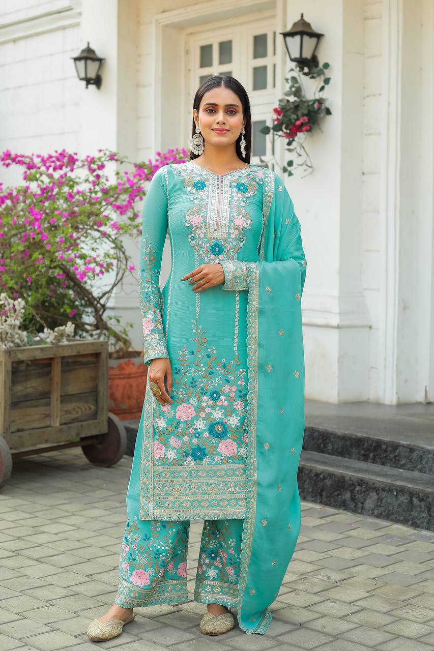 Heavy Chinon Silk Embroidered Suit With Palazzo, women's Wear