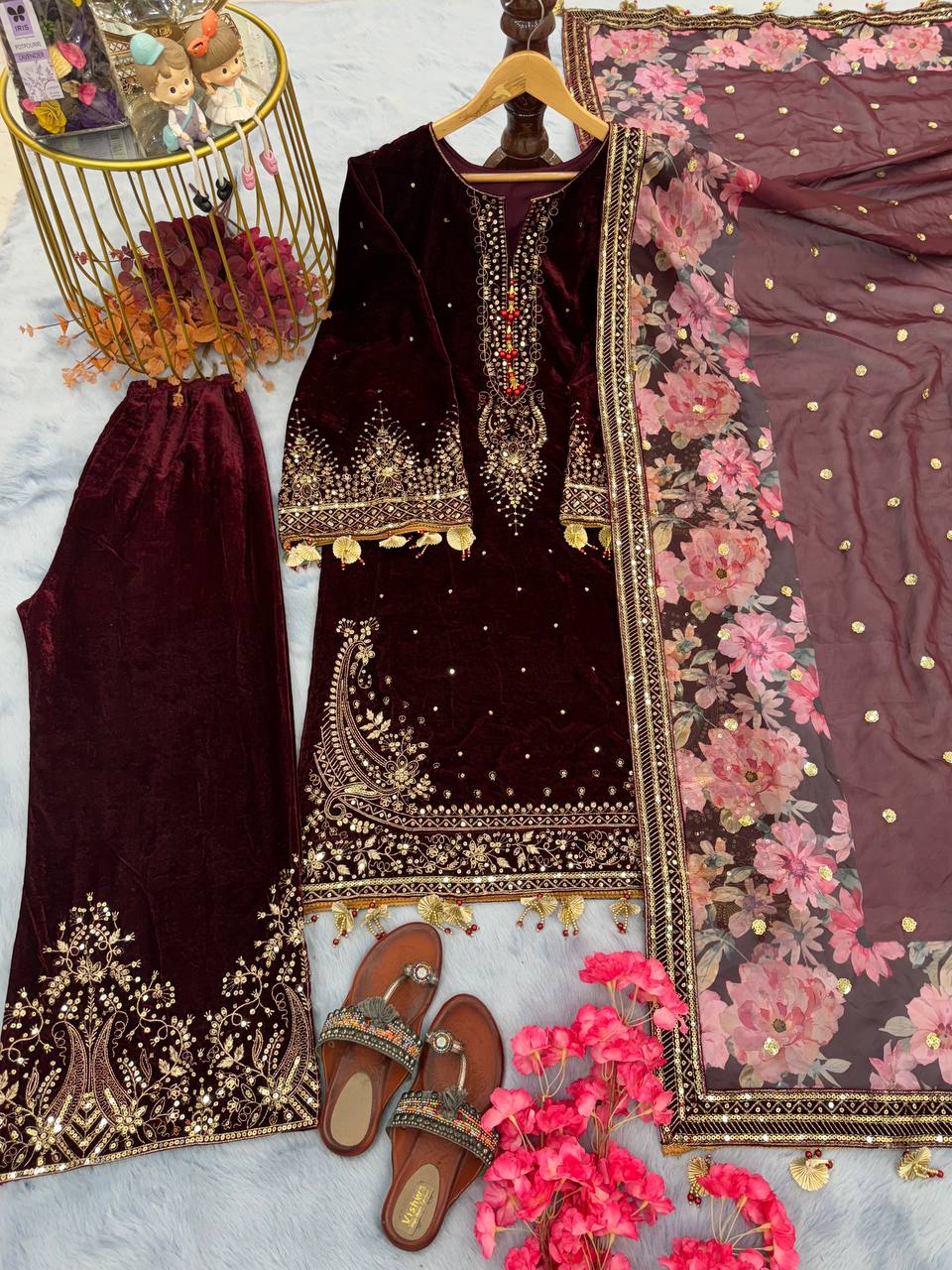 Luxurious Pure Viscose Velvet Palazzo Suit With Printed Dupatta