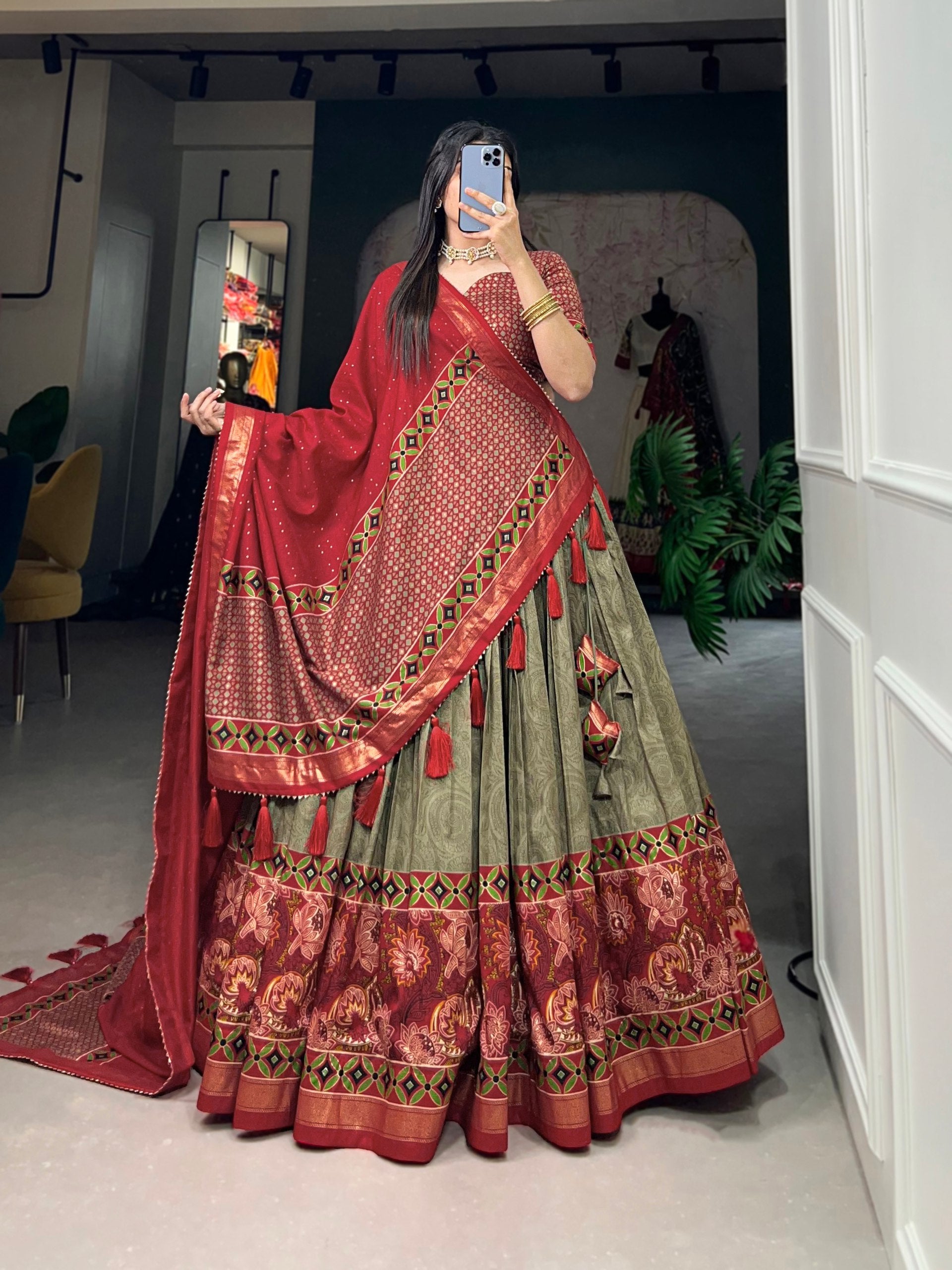 Tussar Silk With Floral Printed Full Stitched Lehenga Choli With Dupatta, Festive Wear