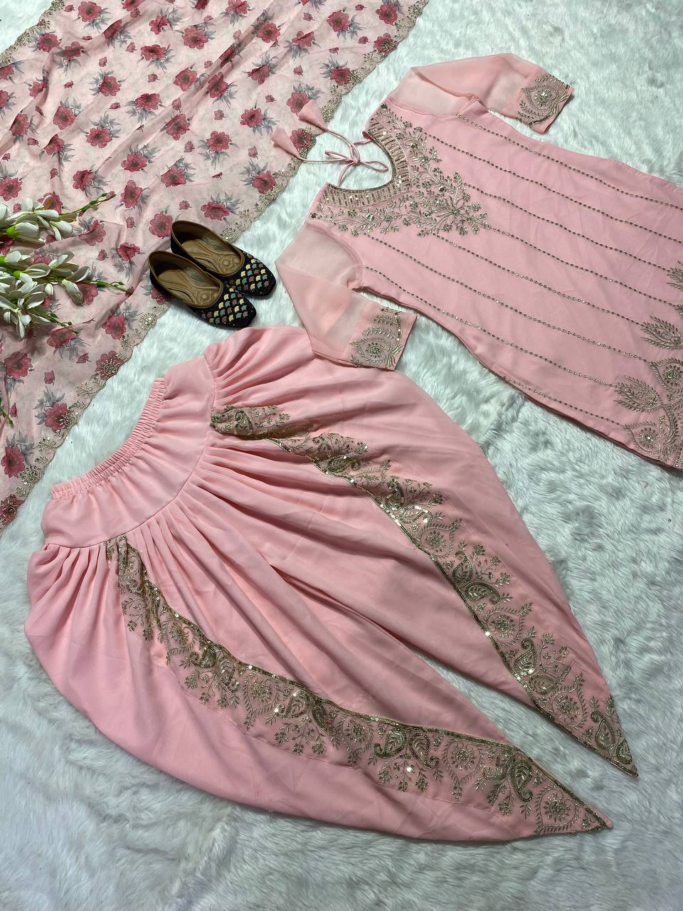 Elegant Pink Color Georgette Dhoti Salwar Suit For Wedding Wear