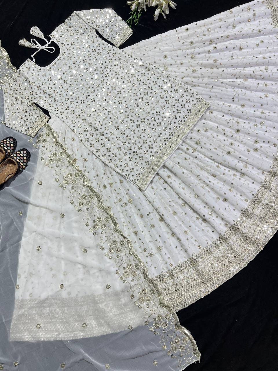 White Color Top with Lehenga Faux Georgette Work