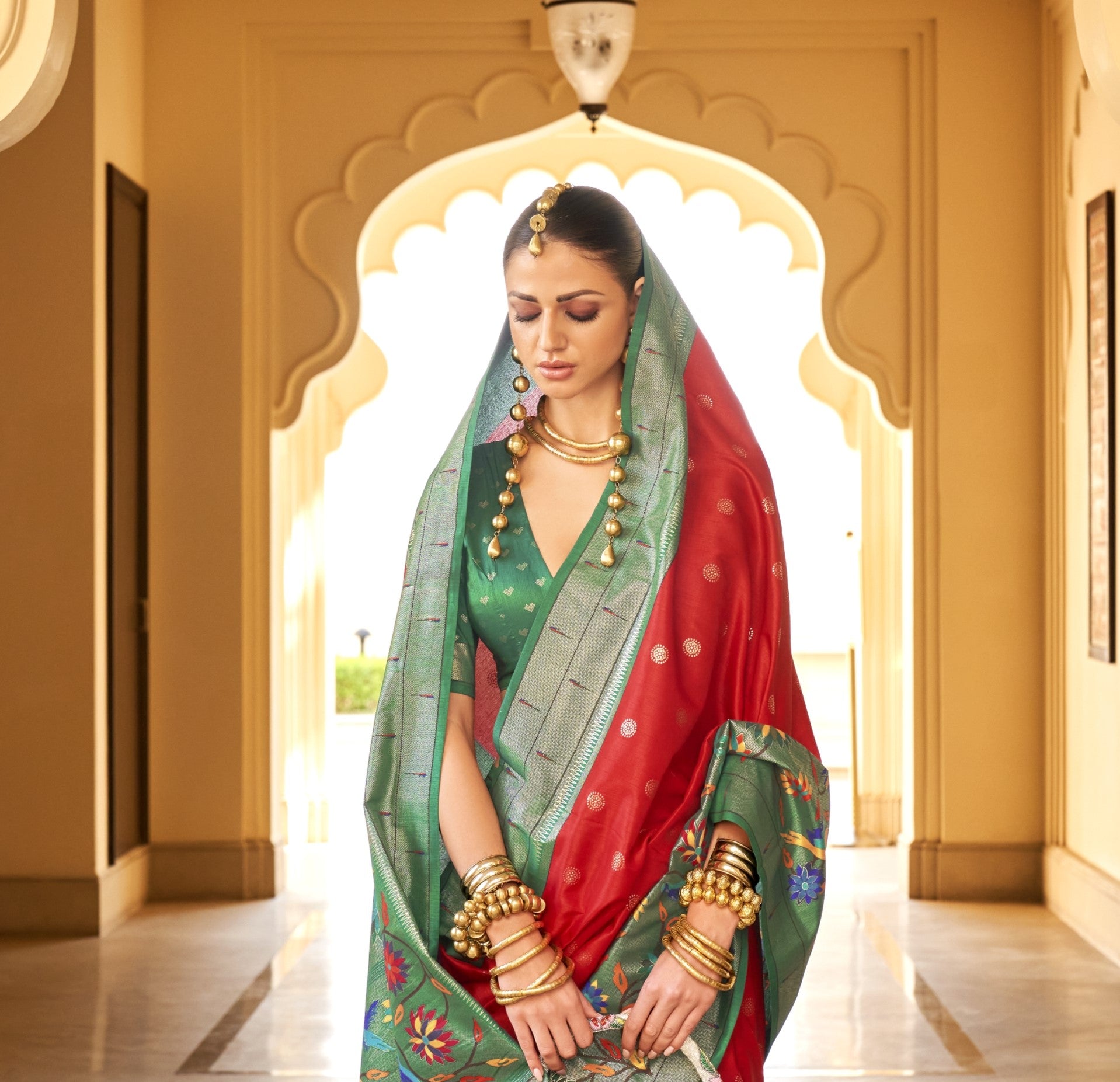 Green and Red  Paithini Silk Saree for Women