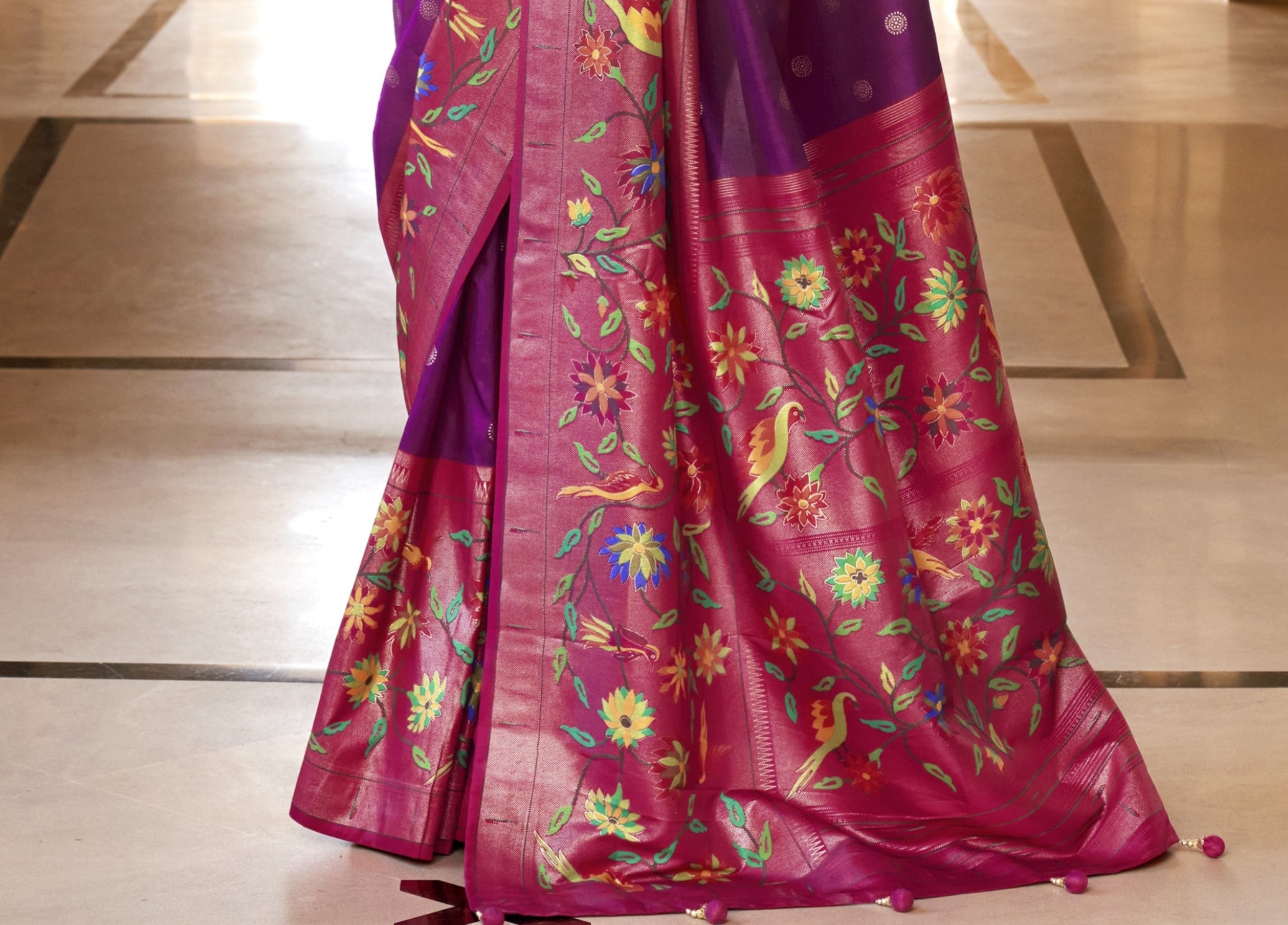 Purple Silk Paithini Printed Saree with V Neck Blouse